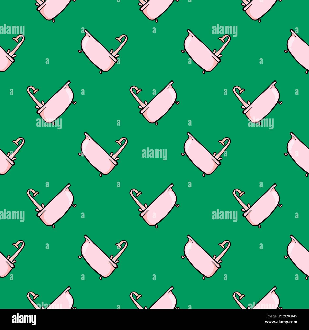 Pink bathtub ,seamless pattern on green background. Stock Vector