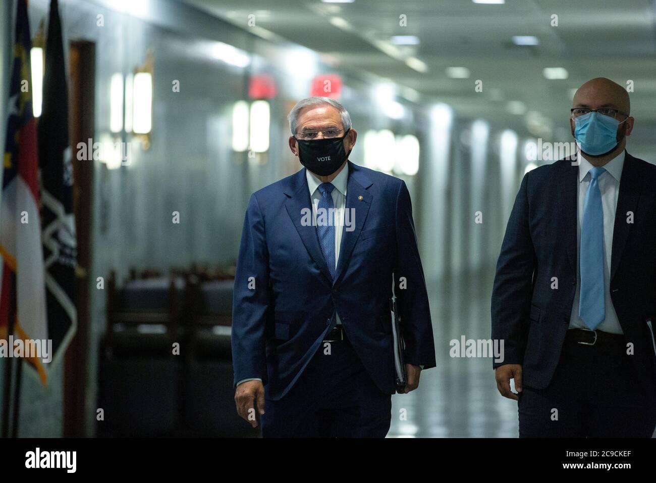 Washington, United States Of America. 30th July, 2020. United States Senator Bob Menendez (Democrat of New Jersey), left, arrives to the U.S. Senate Committee on Foreign Relations hearing, where United States Secretary of State Mike Pompeo will testify on Capitol Hill in Washington, DC, U.S. on Thursday, July 30, 2020. Credit: Stefani Reynolds/CNP | usage worldwide Credit: dpa/Alamy Live News Stock Photo