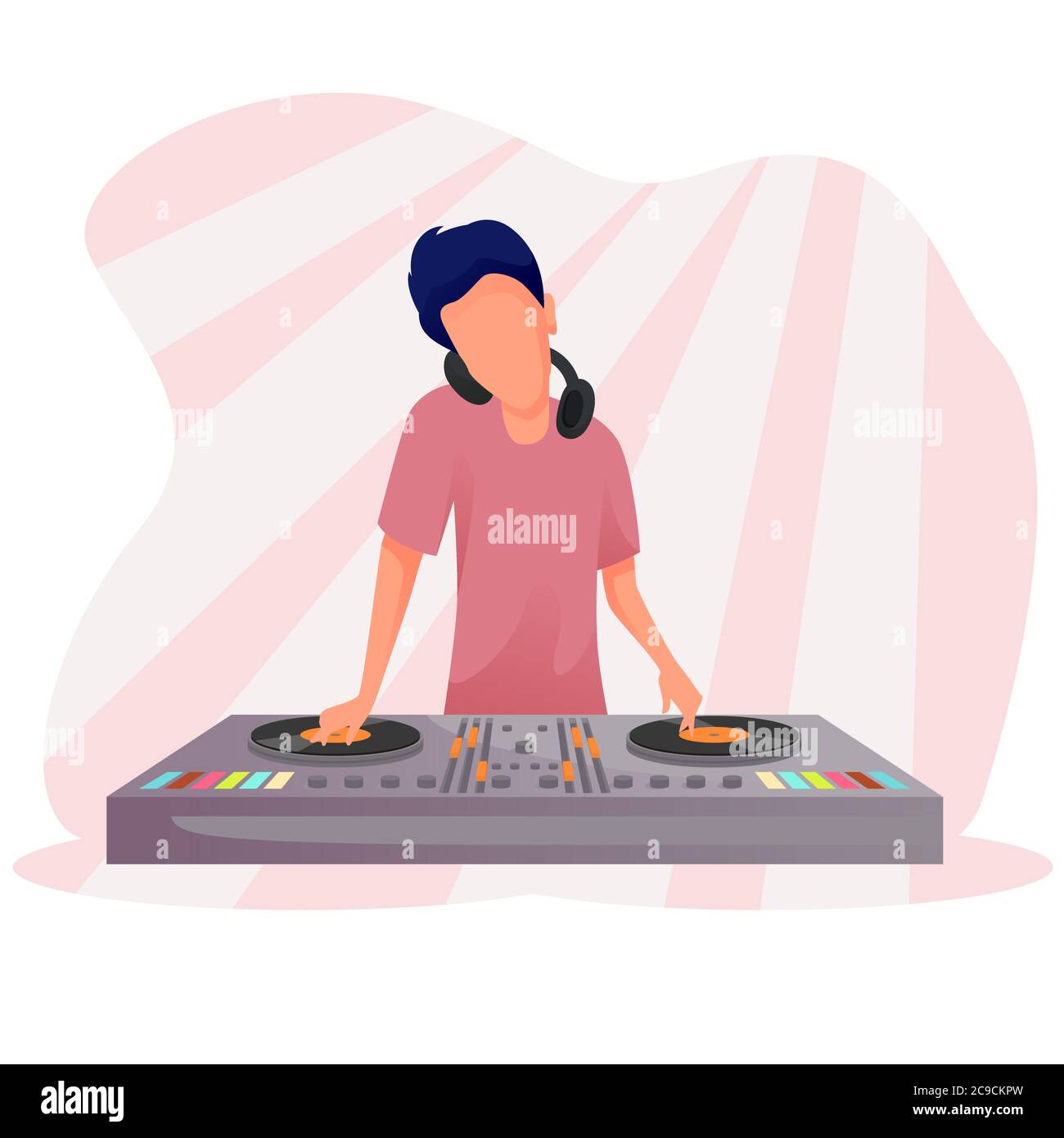 Vector illustration of a man DJing at the club, spinning records, colorful Stock Vector