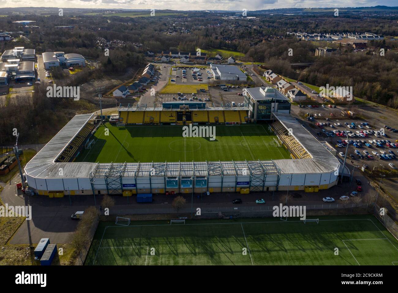 Aerial view of the The Tony Macaroni Arena, home of Livingston football club, Livingston, West Lothian, Scotland. Stock Photo