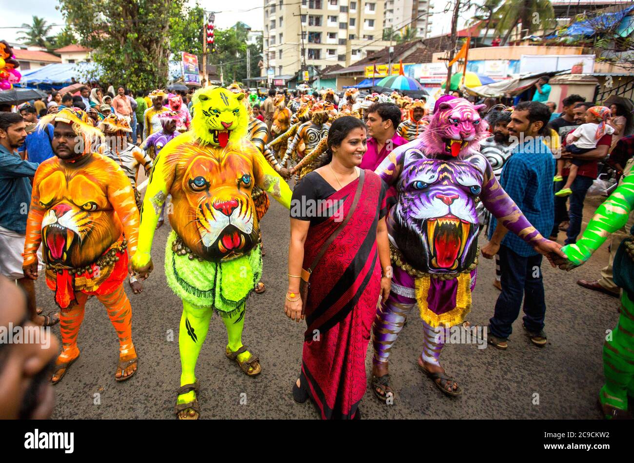 pulikkali,pilikali or tiger dance performers from the streets of thrissur ,kerala,india during onam celebration Stock Photo