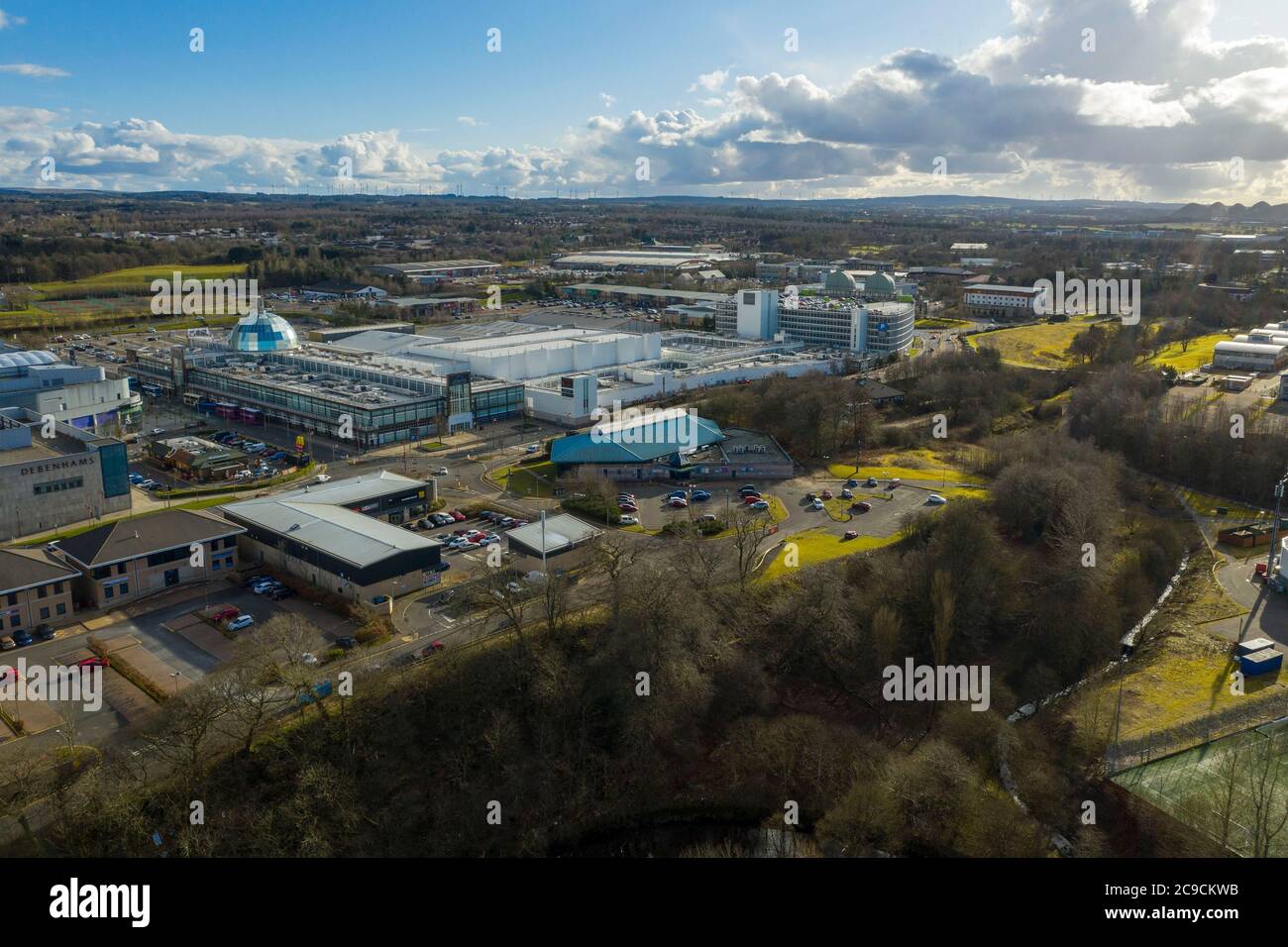 Aerial view of the Livingston shopping centre, Livingston, West lothian, Scotland. Stock Photo