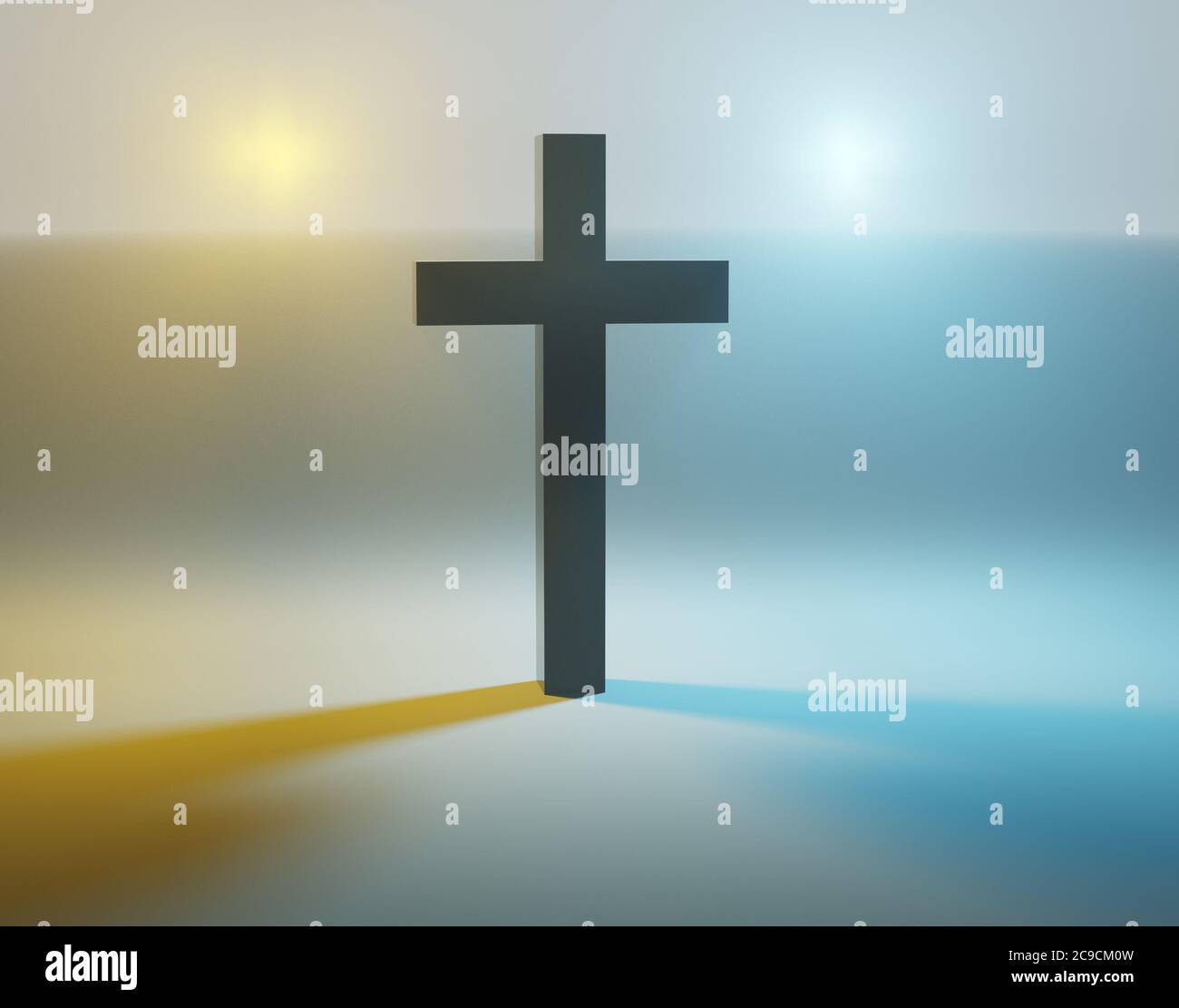 Vintage template with dark Christian cross on blurred sky background. 3D illustration with copy space Stock Photo