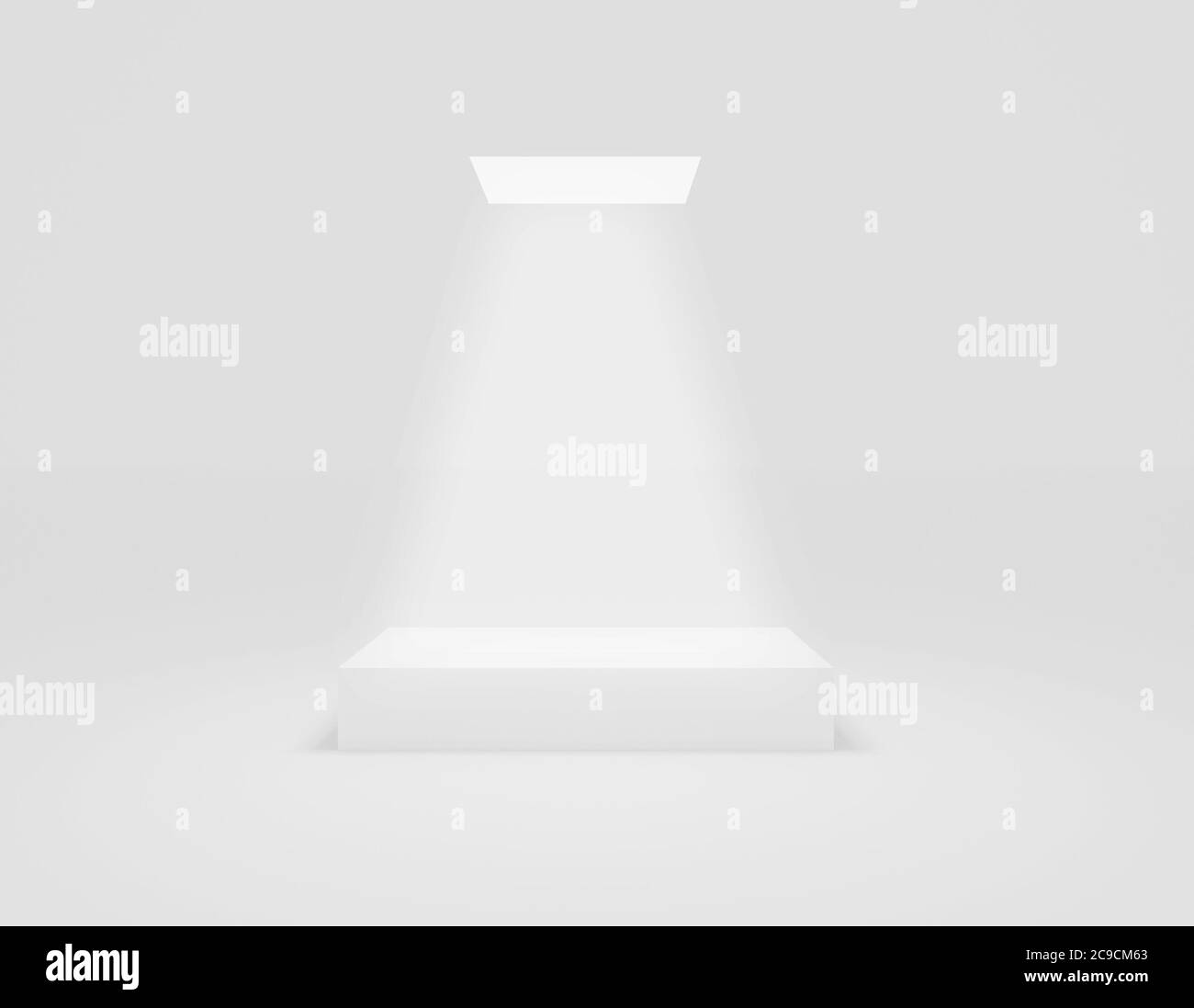 Long podium in white room. Pedestal with light background as futuristic stand concept. Blank product shelf standing backdrop. 3D rendering Stock Photo