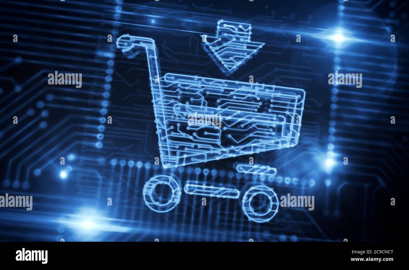 Digital shopping cart. Cyber business, marketing, online shop and sale