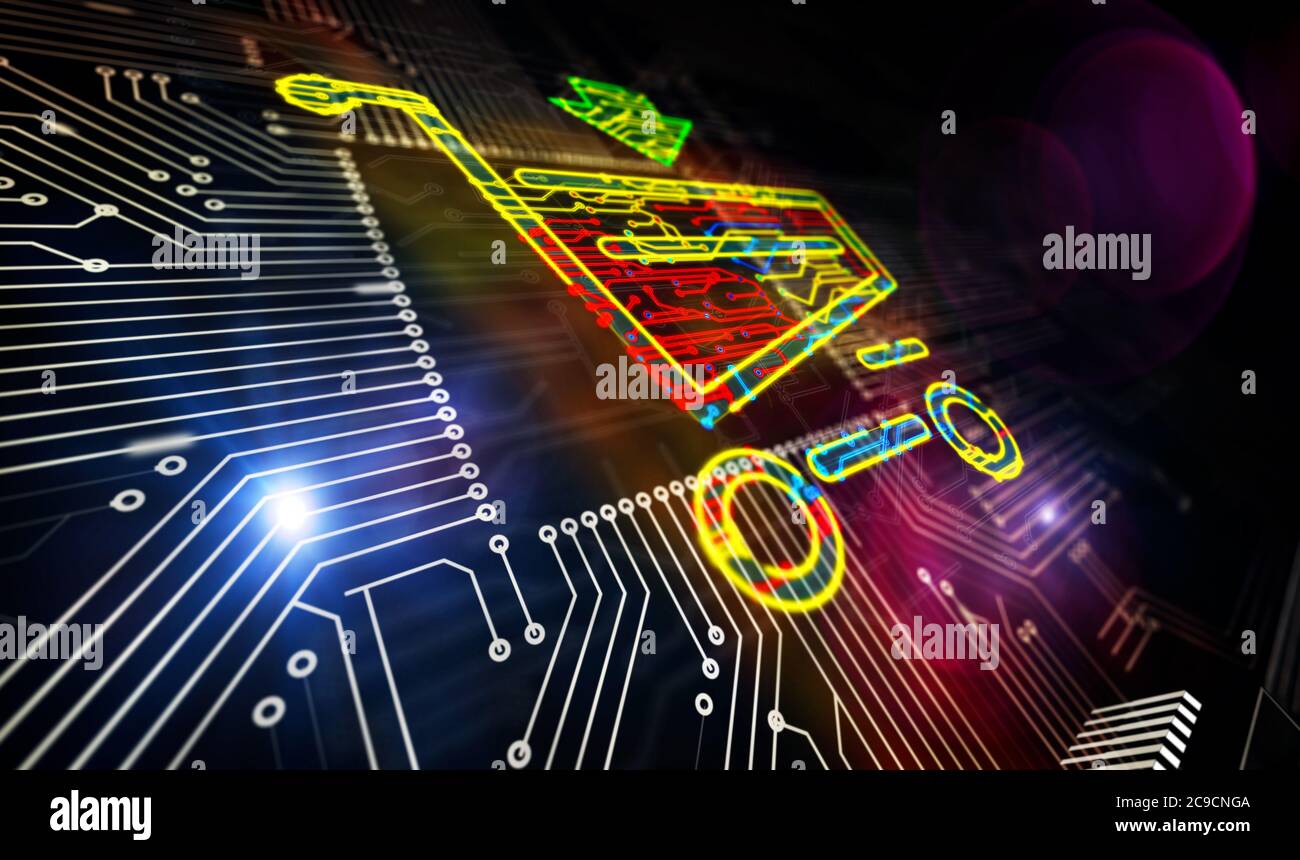 Digital shopping cart. Cyber business, marketing, online shop and sale  technology concept. Futuristic 3D icon flying over computer board circuit.  Abst Stock Photo - Alamy