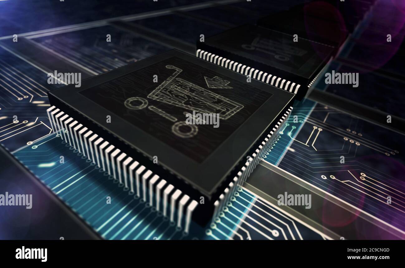Digital shopping cart. Cyber business, marketing, online shop and sale technology abstract concept. Production line 3d rendering illustration. Factory Stock Photo