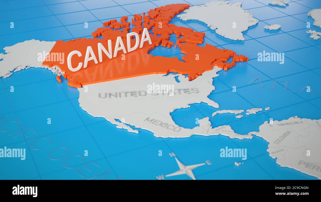Show Me A Map Of Canada Canada Highlighted On A White Simplified 3d World Map Digital 3d Render Stock Photo Alamy