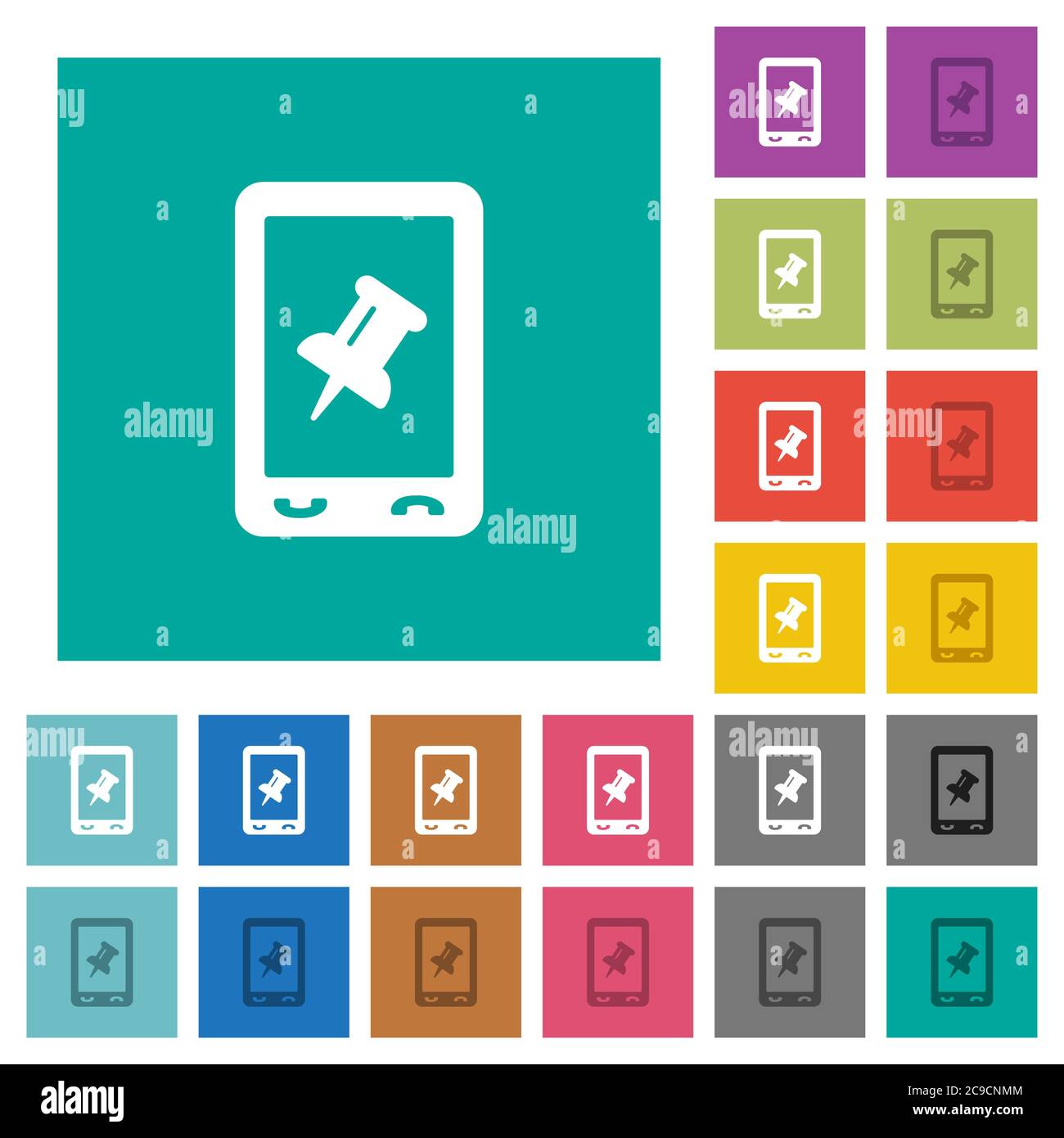 Mobile pin data multi colored flat icons on plain square backgrounds. Included white and darker icon variations for hover or active effects. Stock Vector