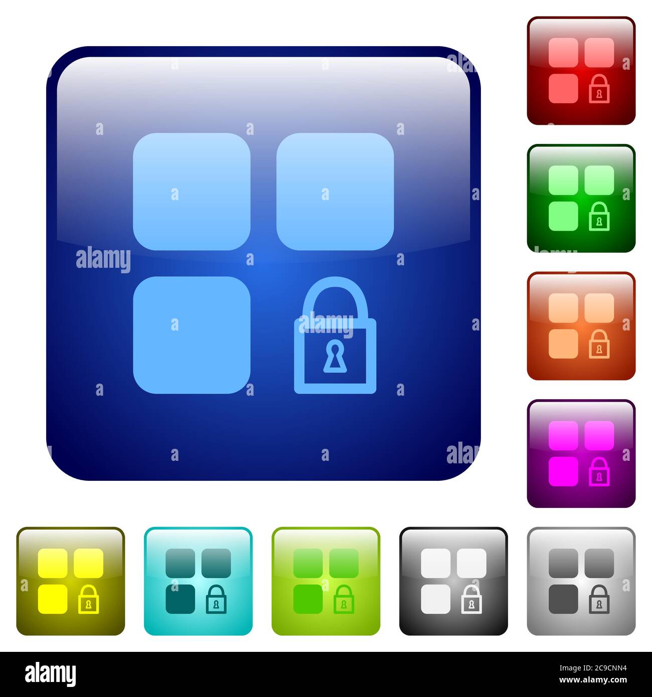 Lock component icons in rounded square color glossy button set Stock Vector