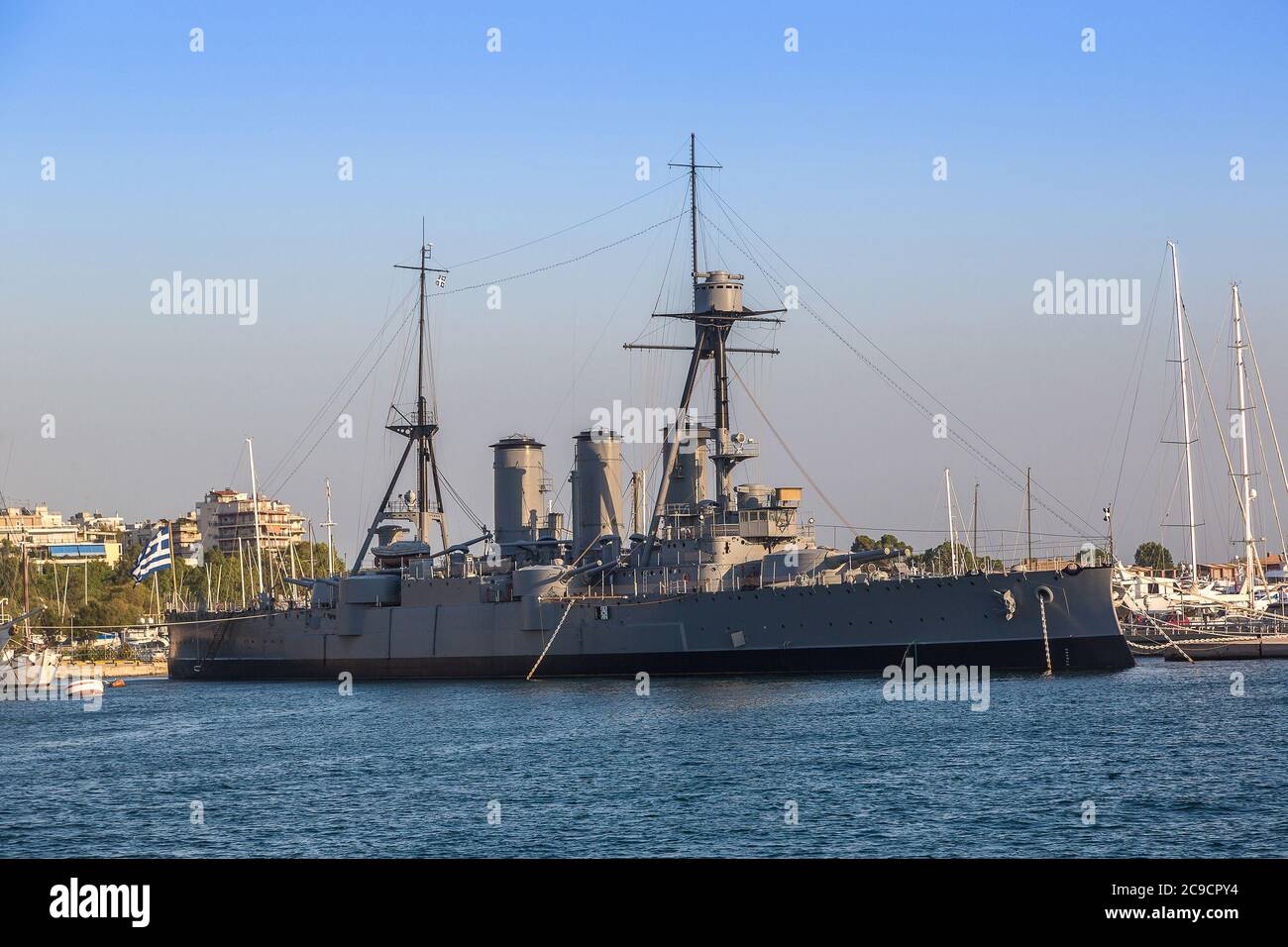 Warship in a summer day in a port Piraeus in Athens, Greece Stock Photo