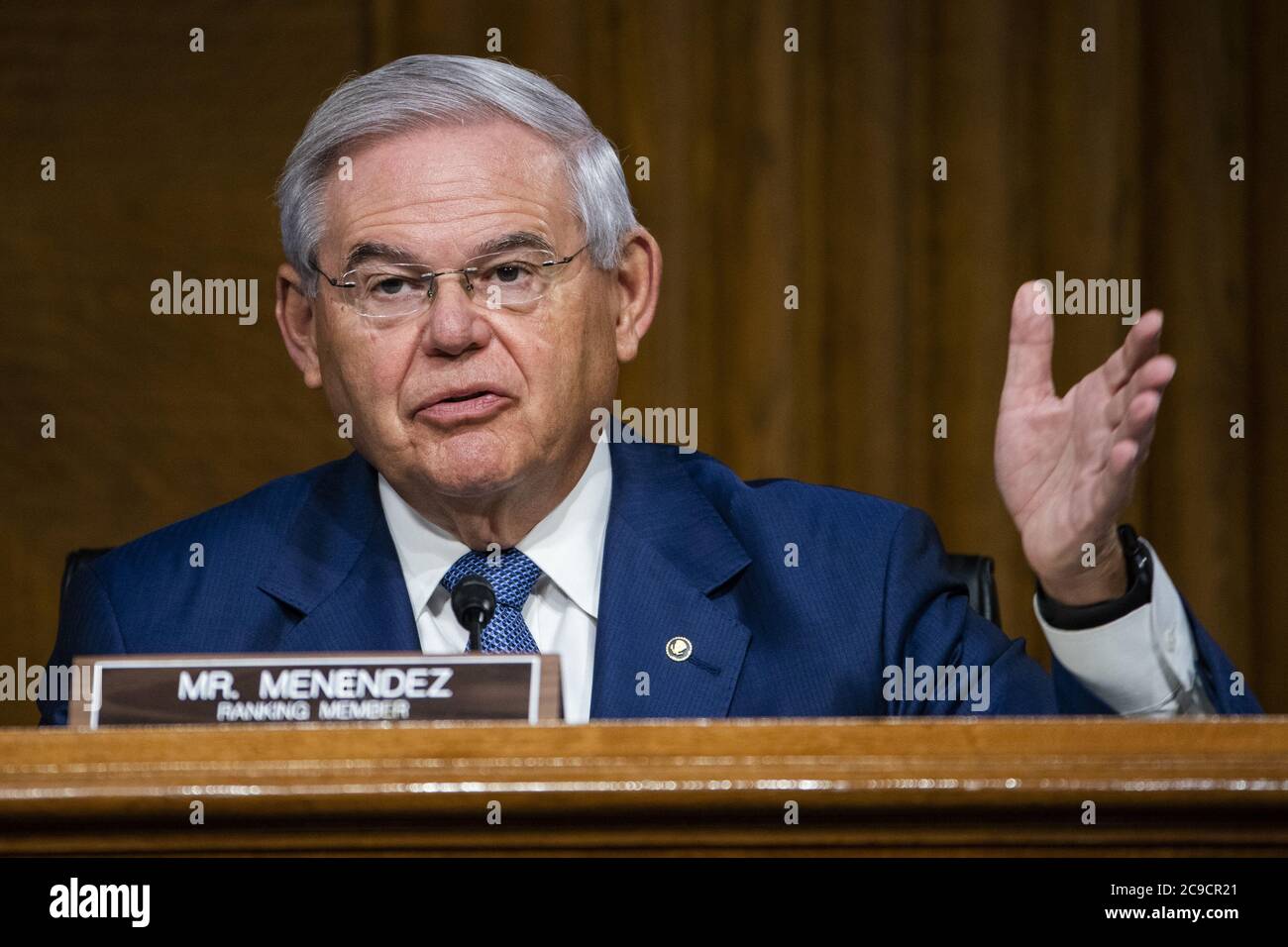 Washington, United States. 30th July, 2020. Sen. Bob Menendez, R-N.J., participates in Senate Foreign Relations committee hearing with Secretary of State Michael Pompeo as he testify on the State Department's 2021 budget, on Capitol Hill in Washington, DC on July 30, 2020. Photo by Jim Lo Scalzo/UPI Credit: UPI/Alamy Live News Stock Photo