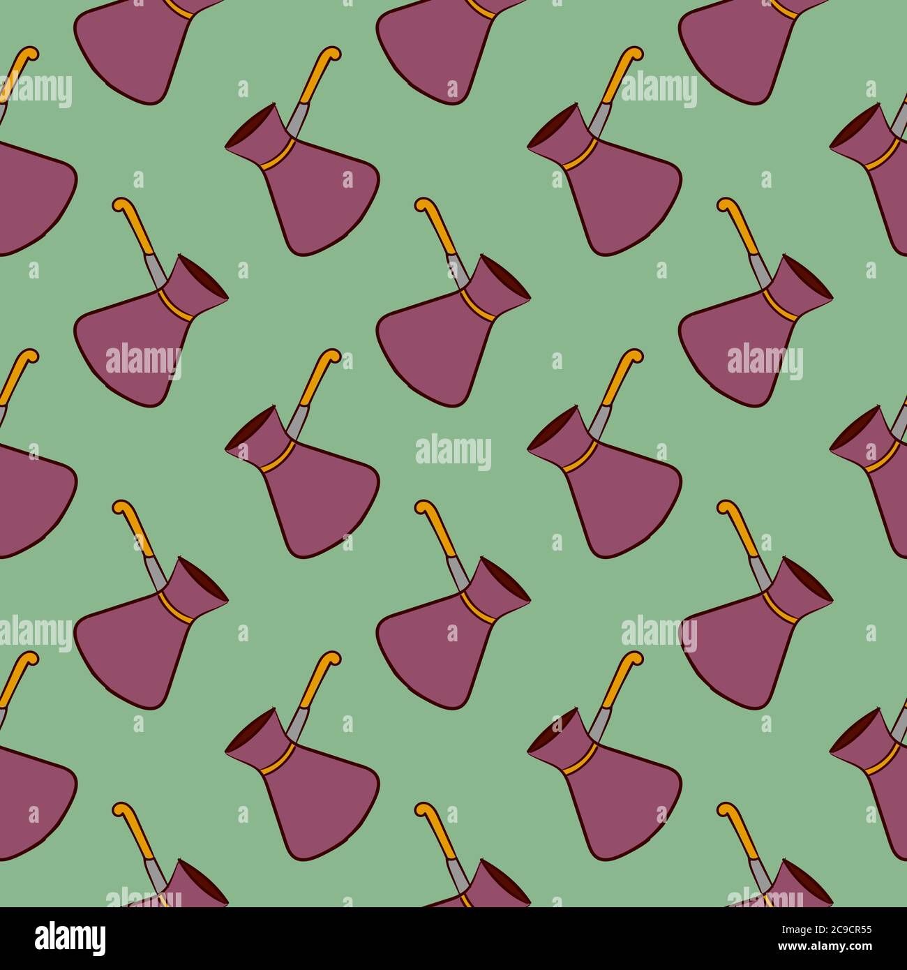 Hot pink cezve ,seamless pattern on green background. Stock Vector
