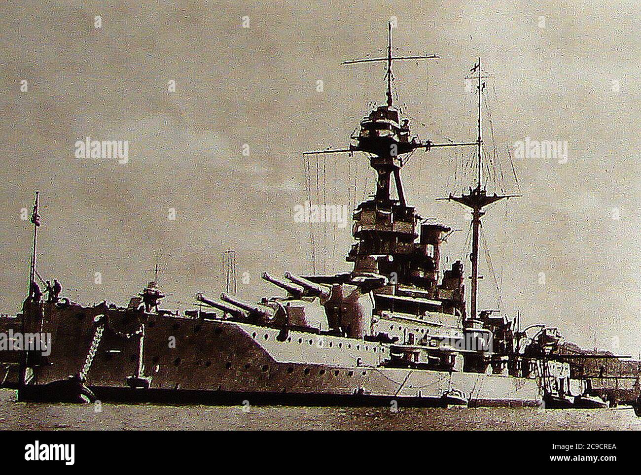 HMS Queen Elizabeth (launched Oct 16th 1913) . On this vessel the German fleet surrendered during WWI in November 1918. She was the lead ship of her class of dreadnought battleships built for the Royal Navy in the early 1910's and was rebuilt twice. (Pennant number: 00).  She along with HMS Valiant, was  seriously damaged by Italian frogmen Antonio Marceglia and Spartaco Schergat using ,  human torpedo mines  on 19 December 1941 in Alexandria harbour, Egypt. Nine men died.The vessel was scrapped in Dalmuir  Scotland  in July 1948 after being bought by  Arnott Young. Stock Photo