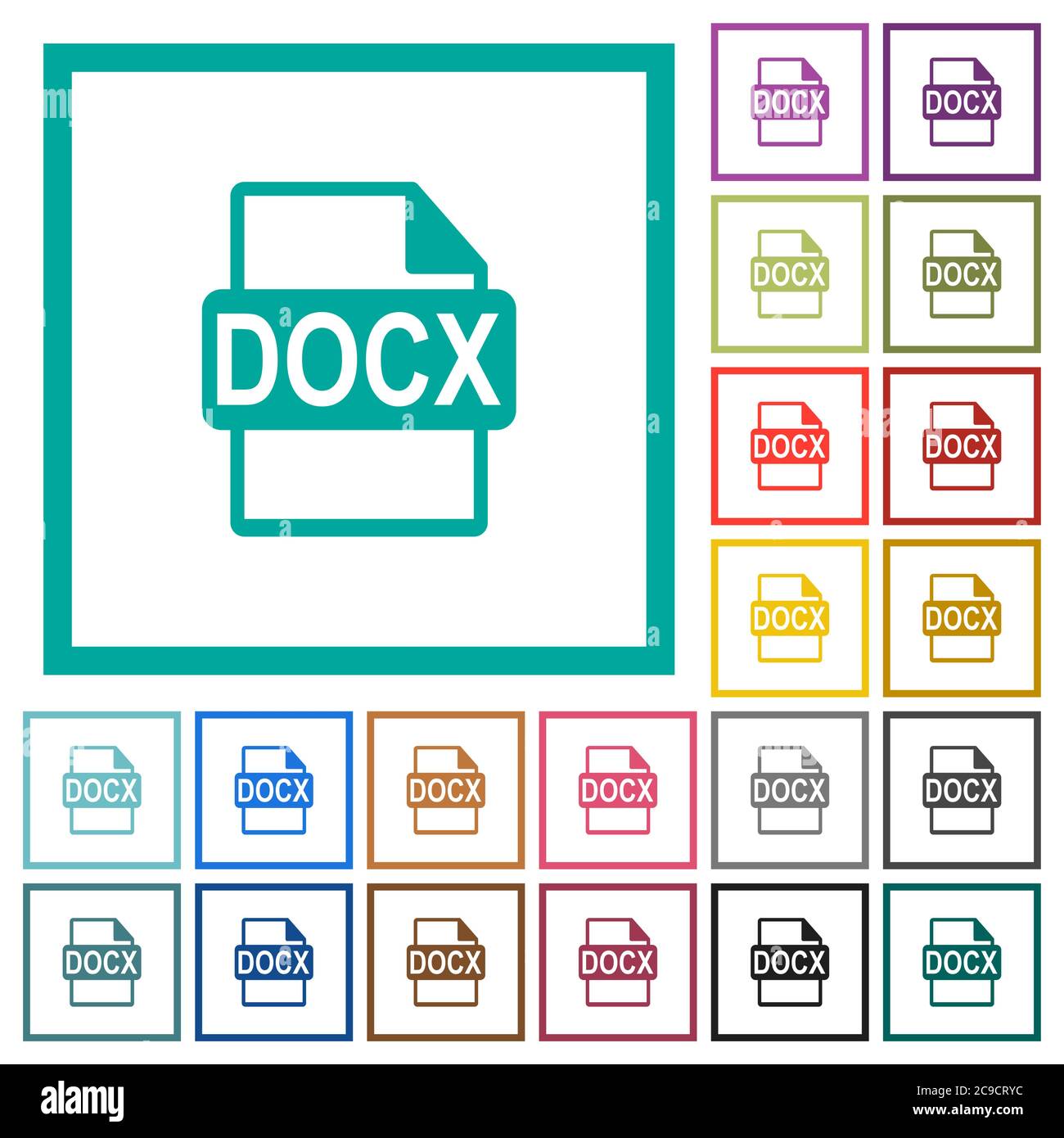 DOCX file format flat color icons with quadrant frames on white background Stock Vector