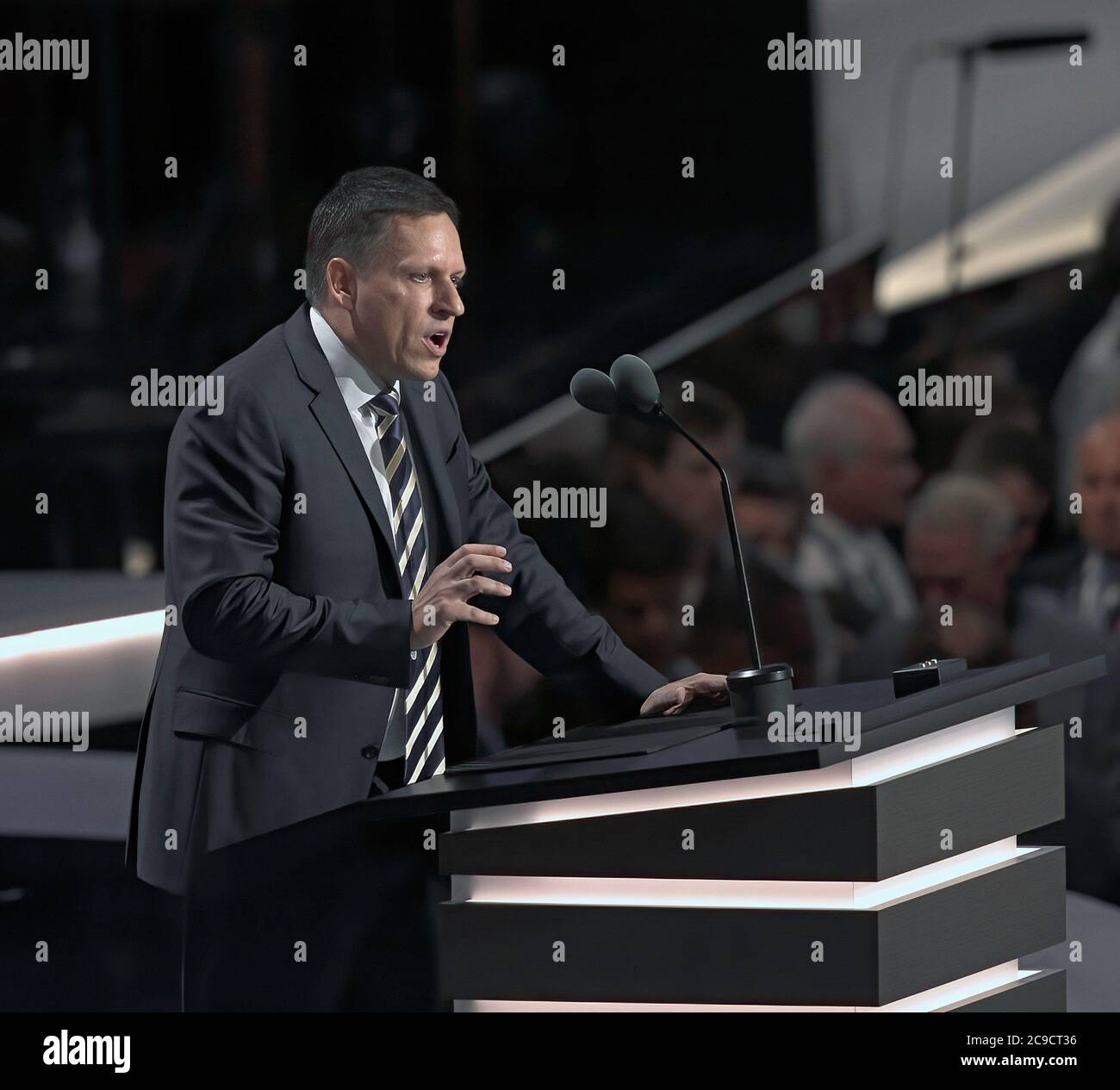 Cleveland, Ohio, USA, July 21,  2016Peter Thiel co-founder of PayPal Inc. addresses the Republican National Nominating Convention (RNC) on the final day of the convention from the podium of the Quicken Loans Arena, Credit: Mark Reinstein/MediaPunch Stock Photo