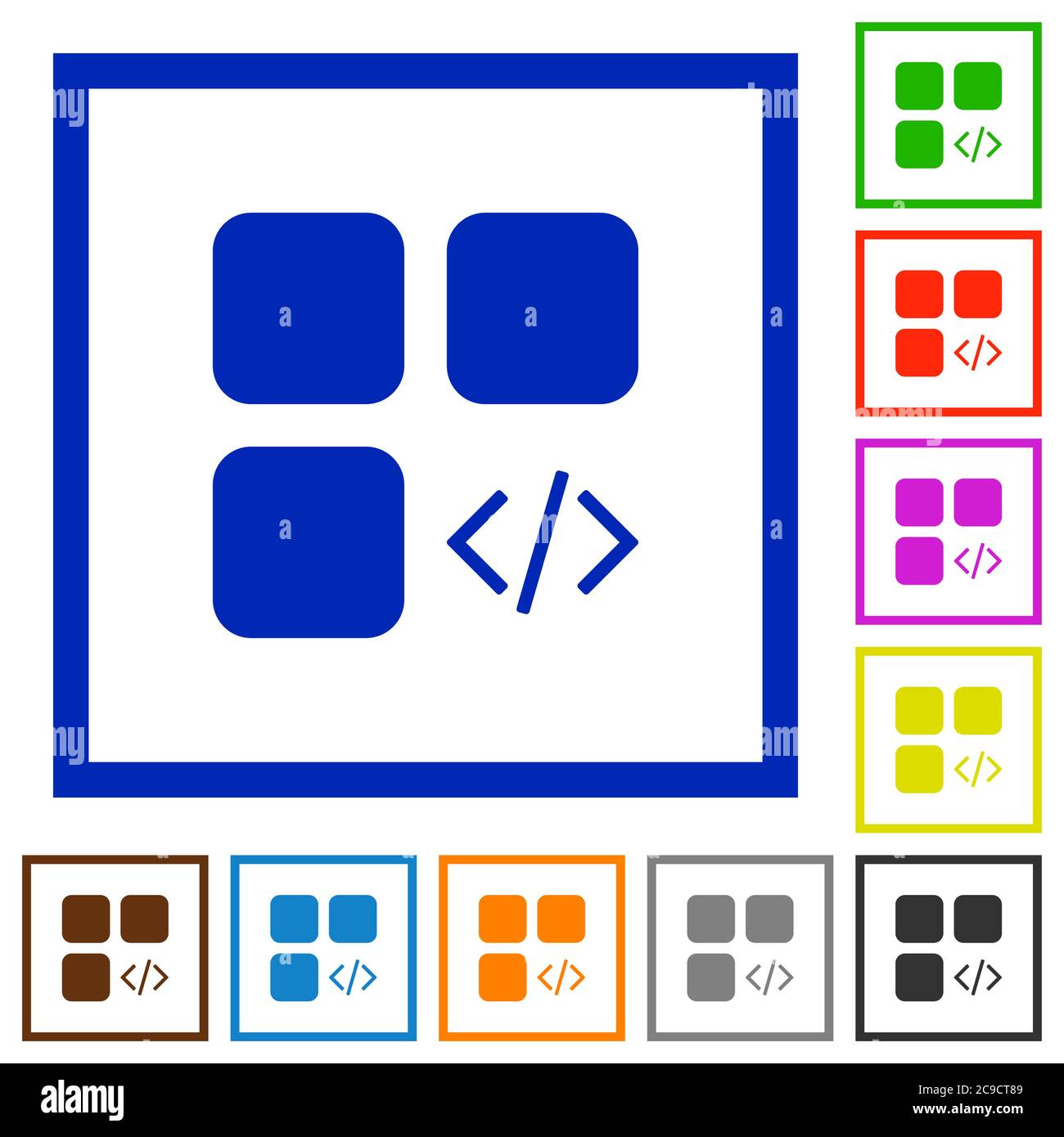 Component programming flat color icons in square frames on white background Stock Vector
