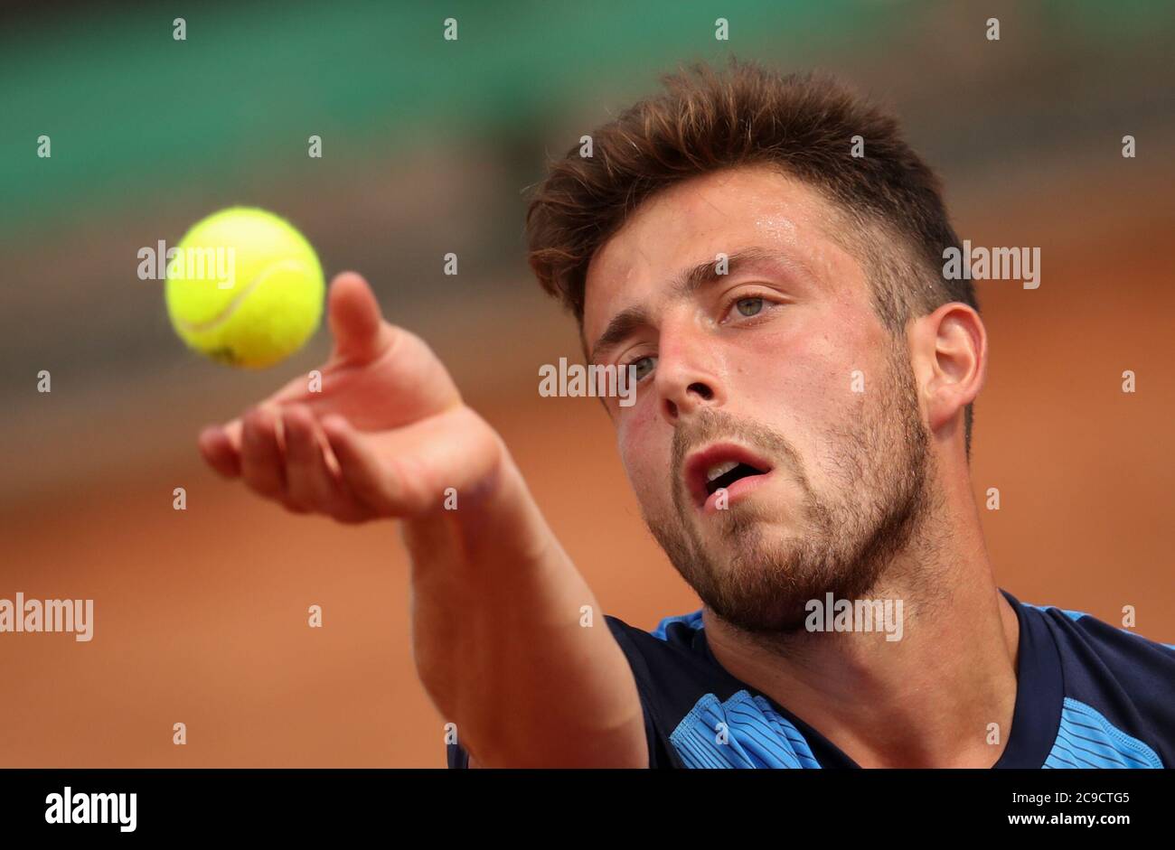 30 July 2020, North Rhine-Westphalia, Halle (westfalen): Tennis: Show  tournament series "International Premier League", a German tournament  series with German and international participants. Paul Valsecchi from  France against Kohlschreiber from Germany ...