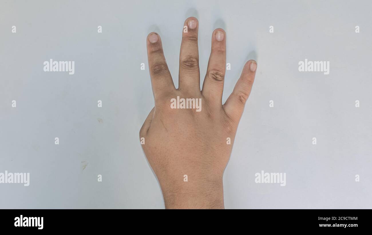 Signs Of Four. Emoji Style Hands Picture on White Background. Stock Photo