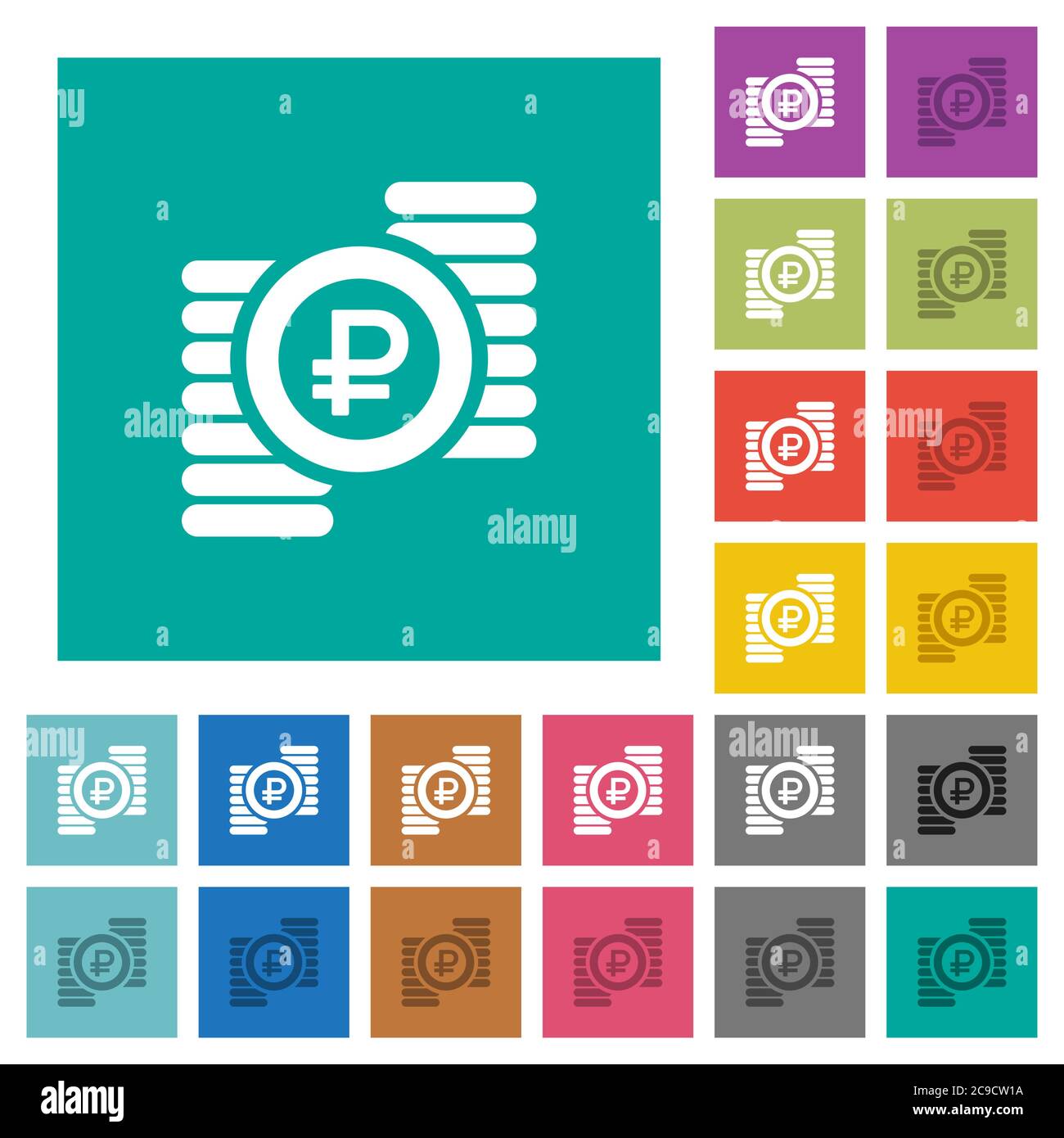 Ruble coins multi colored flat icons on plain square backgrounds. Included white and darker icon variations for hover or active effects. Stock Vector