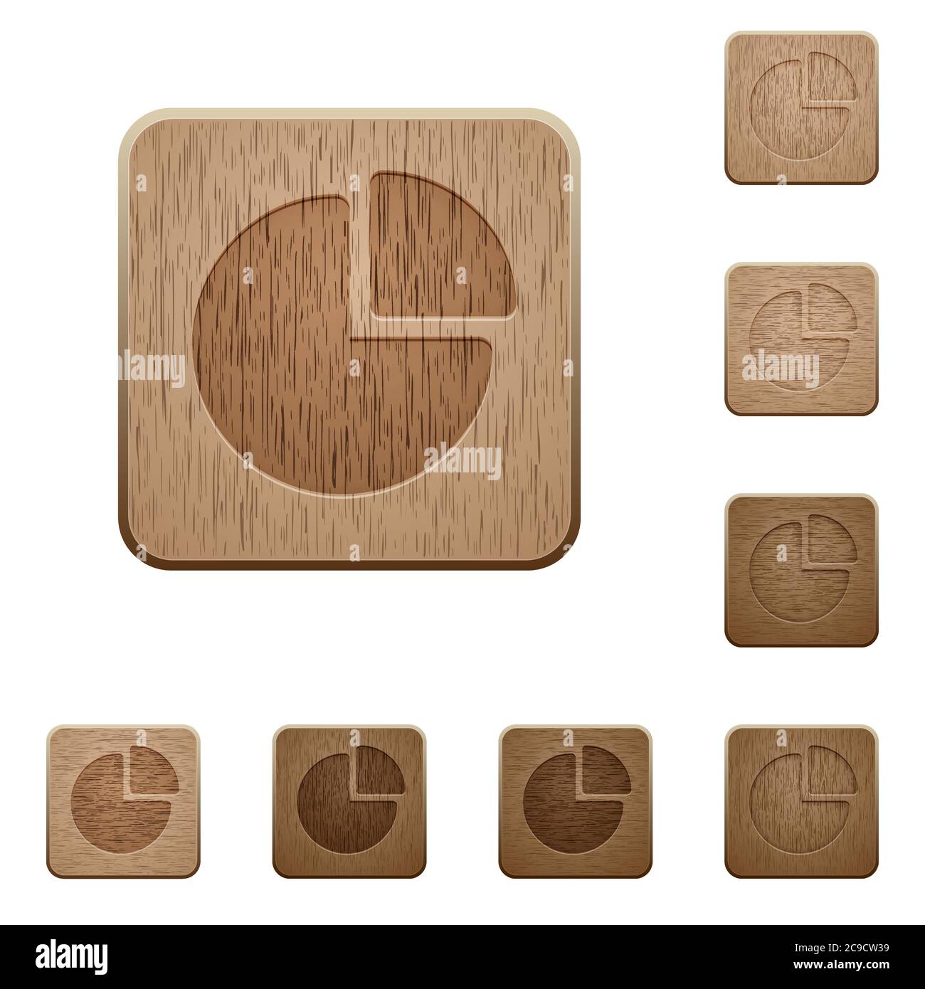 Pie chart on rounded square carved wooden button styles Stock Vector