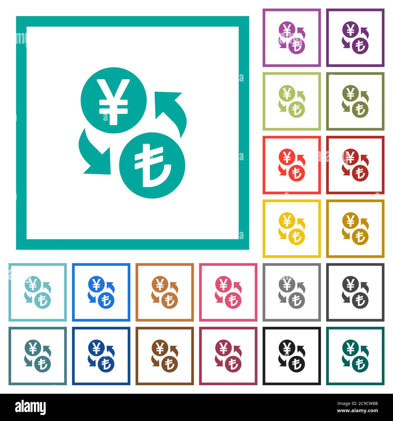 Yen Lira money exchange flat color icons with quadrant frames on white ...