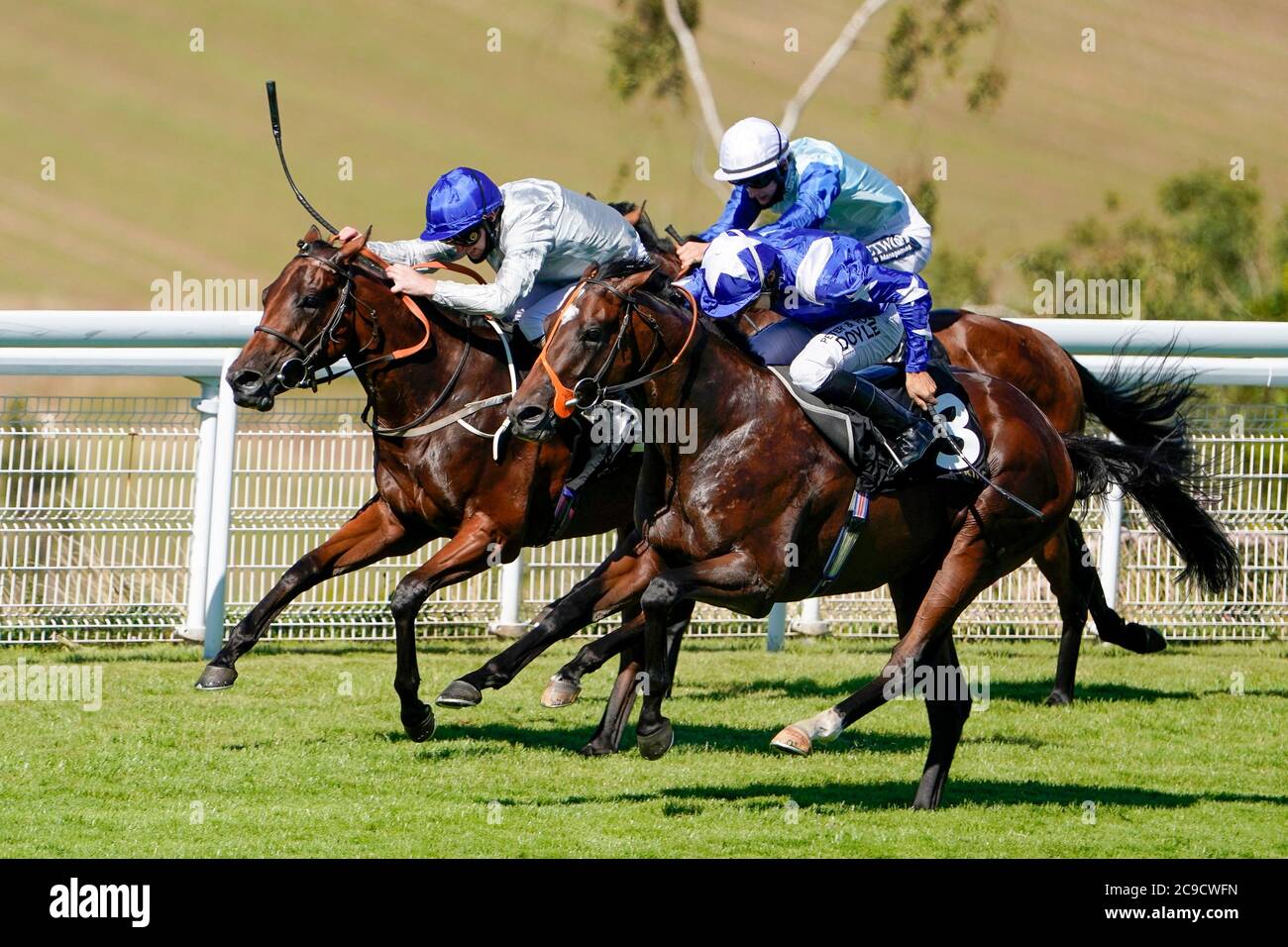 Mark Of The Man ridden by Sean Levey riding (left) win The Gusbourne Nursery during day three of the Goodwood Festival at Goodwood Racecourse, Chichester. Stock Photo