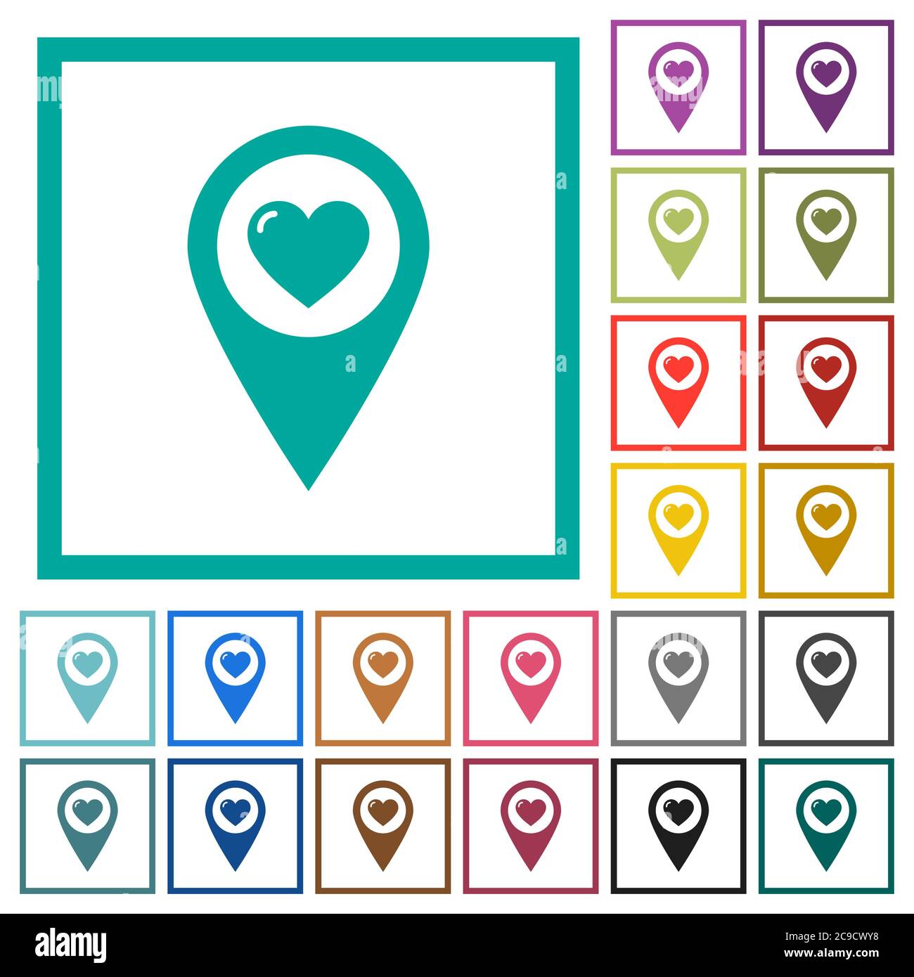 Favorite GPS map location flat color icons with quadrant frames on