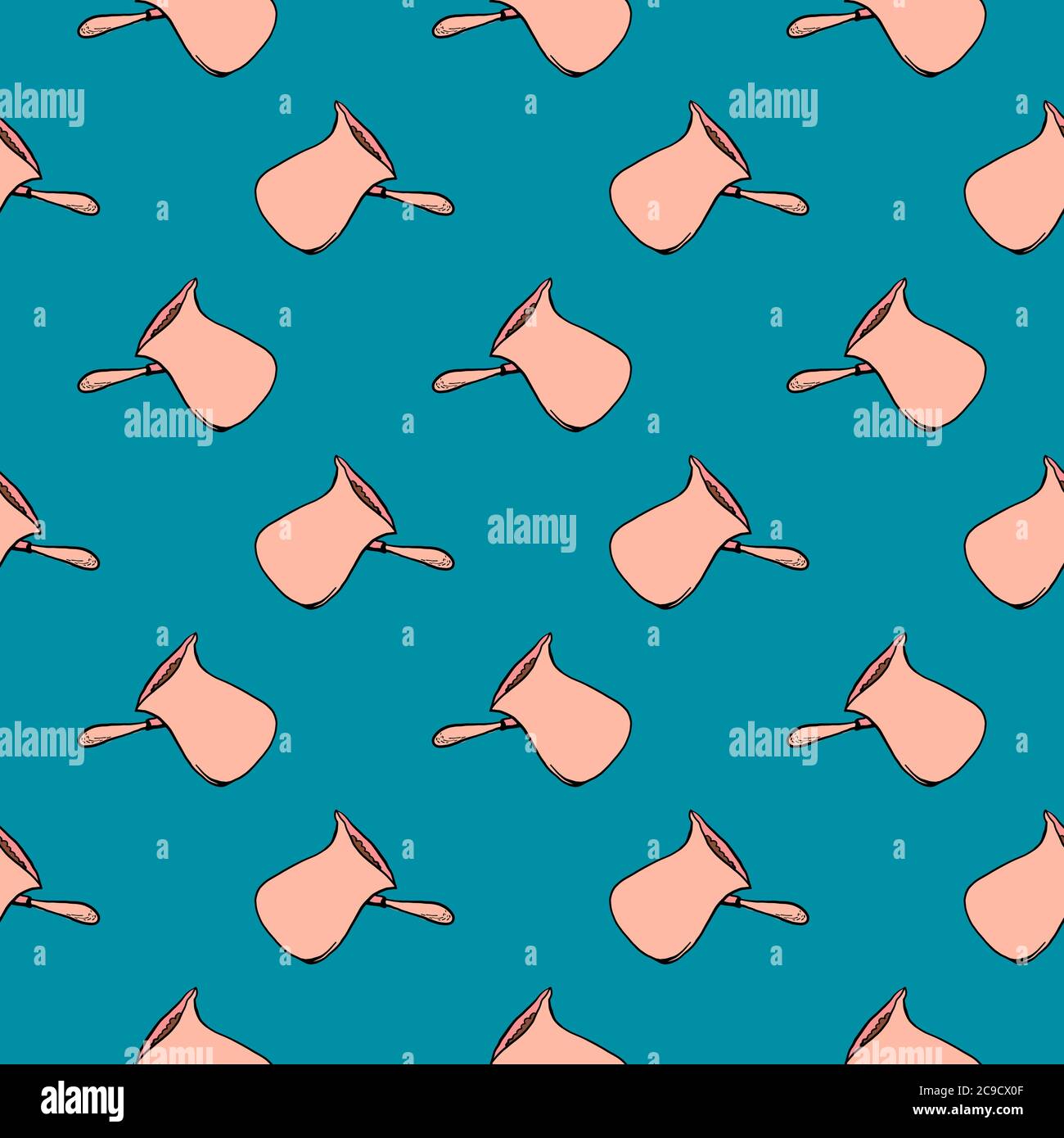 Pink cezve ,seamless pattern on blue background. Stock Vector