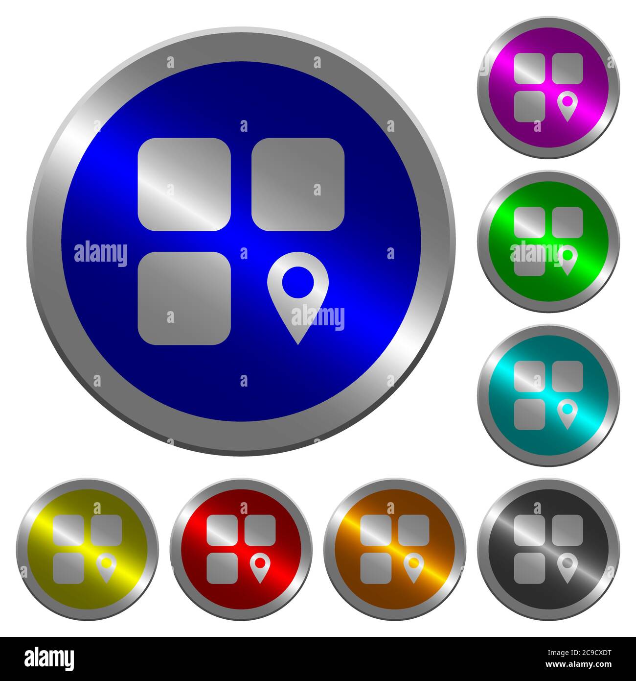 Component location icons on round luminous coin-like color steel ...