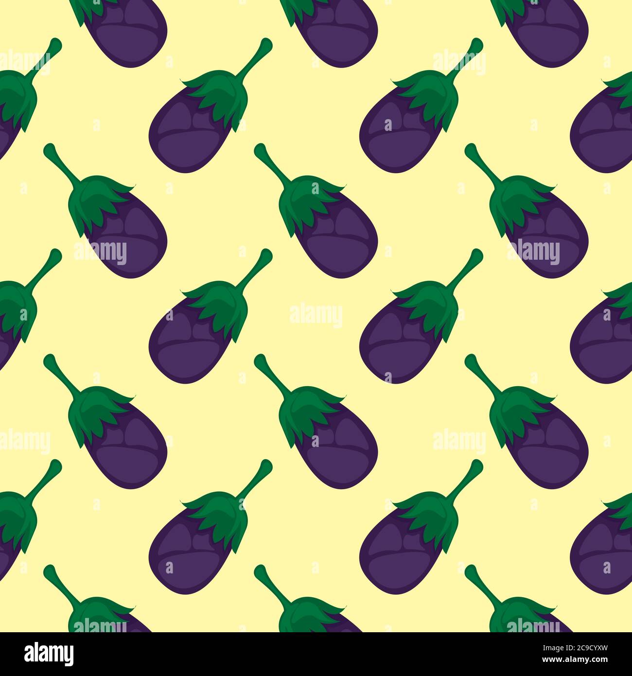 Purple eggplant ,seamless pattern on yellow background. Stock Vector
