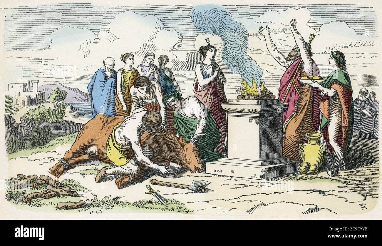 Sacrificing a bull in Ancient Greece.  Late 19th century work from an unidentified artist. Stock Photo