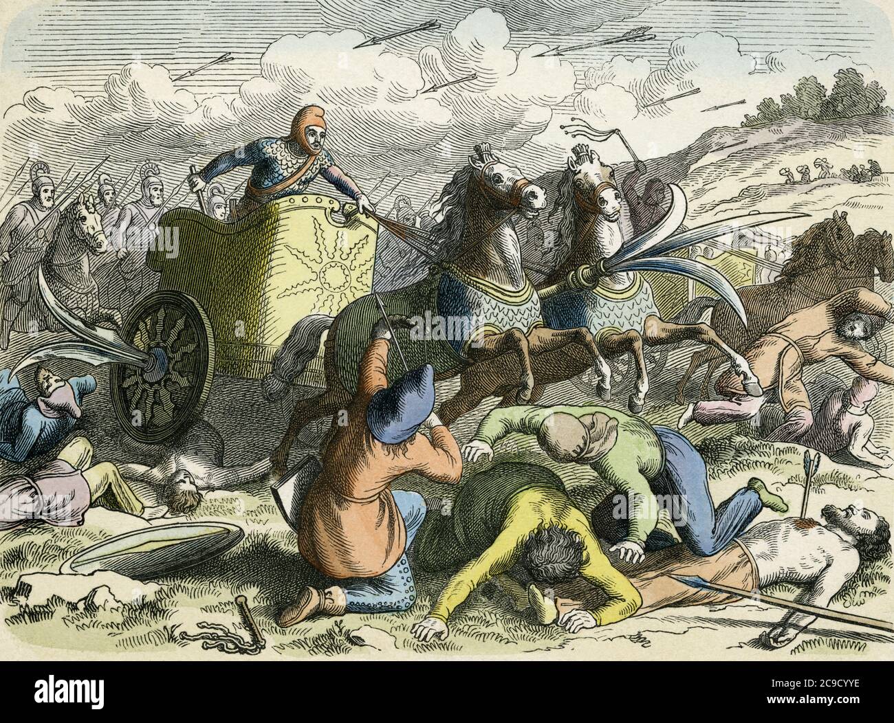 Scythed chariot in battle.  Scholars believe scythed chariots were first used around the mid-5th century BC. After a 19th century work by German artist Heinrich Leutemann. Stock Photo