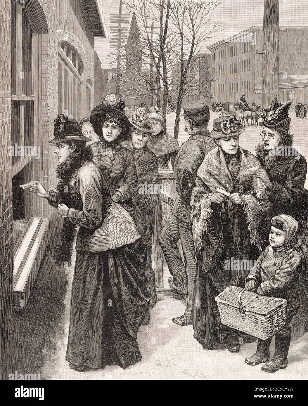 Women casting their vote at the polls in Cheyenne, Wyoming Territory, USA.  After an illustration by an unknown artist in the November 24, 1888 edition of Frank Leslie’s Illustrated Newpaper.  In 1869 the Wyoming Suffrage Act was passed and Wyoming became the first USA territory, or state to guarantee their women citizens full suffrage. Stock Photo