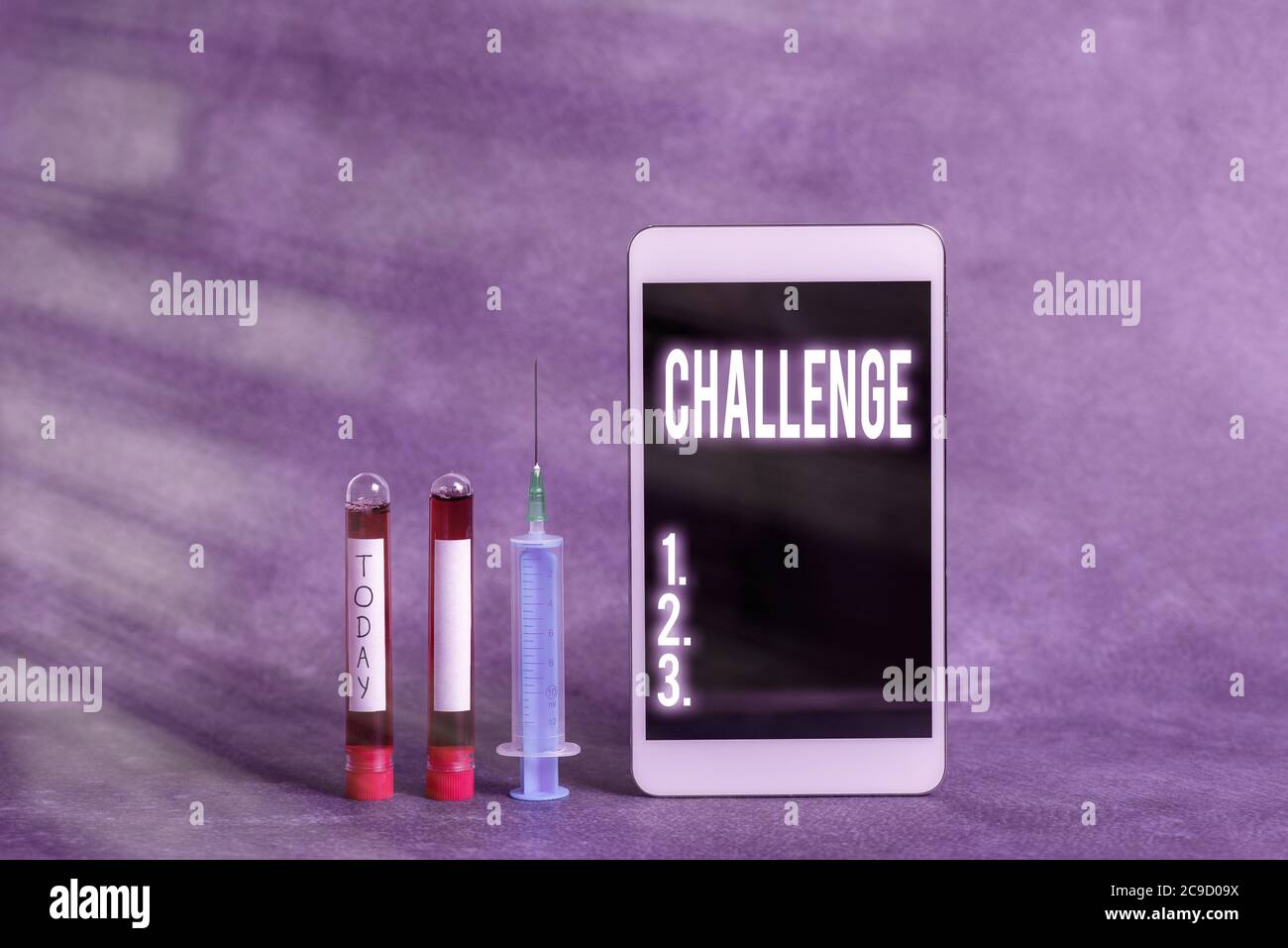 Text sign showing Challenge. Business photo showcasing process of provoking or testing physiological activity by exposure Extracted blood sample vial Stock Photo