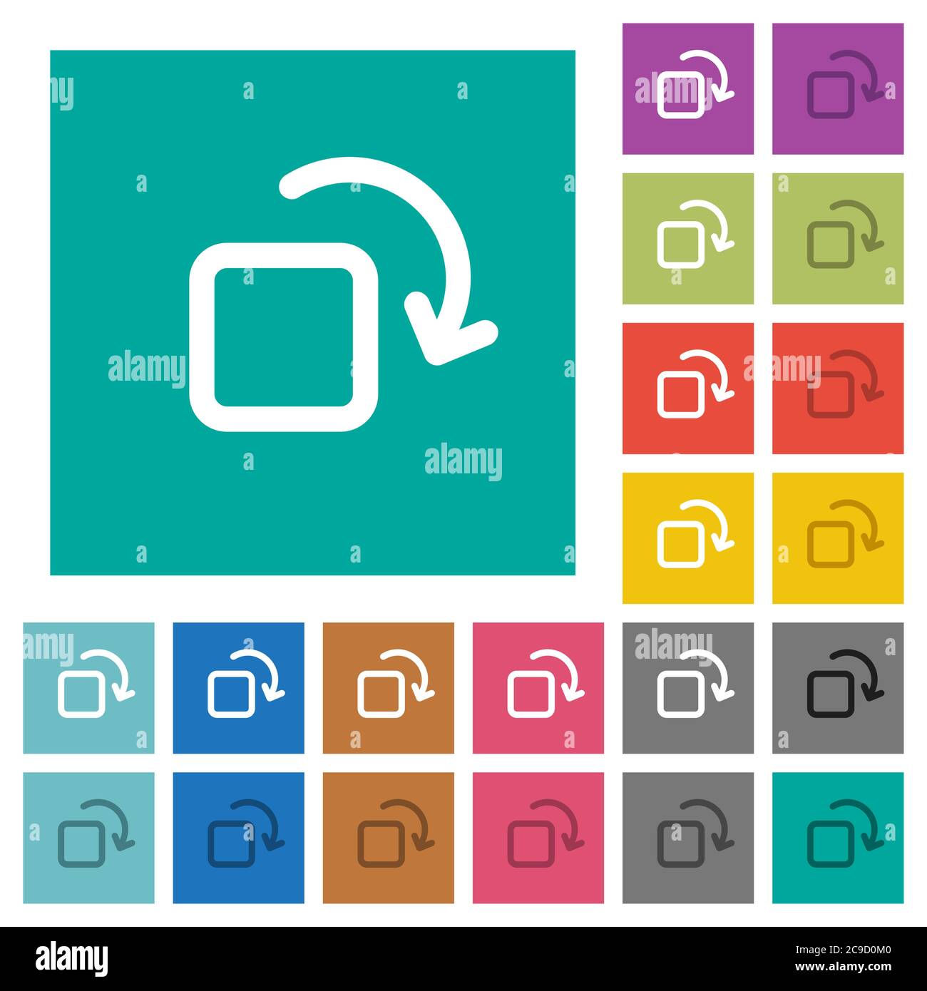 Rotate element multi colored flat icons on plain square backgrounds. Included white and darker icon variations for hover or active effects. Stock Vector