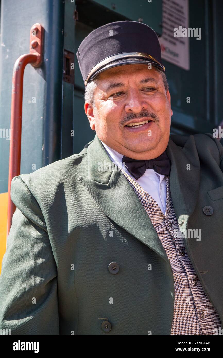 El Chepe Train Conductor, Creel, Chihuahua State, Mexico. Stock Photo