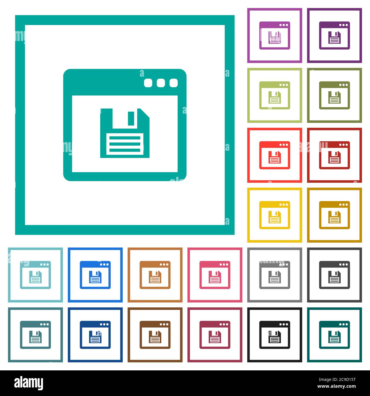 Save application flat color icons with quadrant frames on white ...