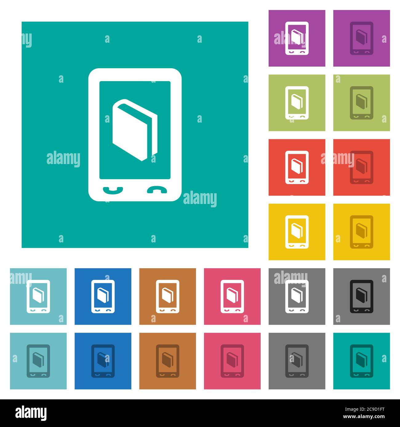 Mobile dictionary multi colored flat icons on plain square backgrounds. Included white and darker icon variations for hover or active effects. Stock Vector