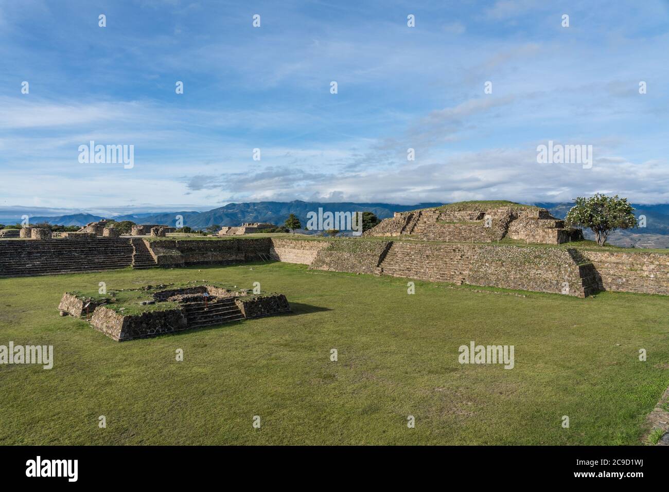 The Sunken Plaza with its altar and Building B on the North Platform of the pre-Columbian Zapotec ruins of Monte Alban in Oaxaca, Mexico.  A UNESCO Wo Stock Photo