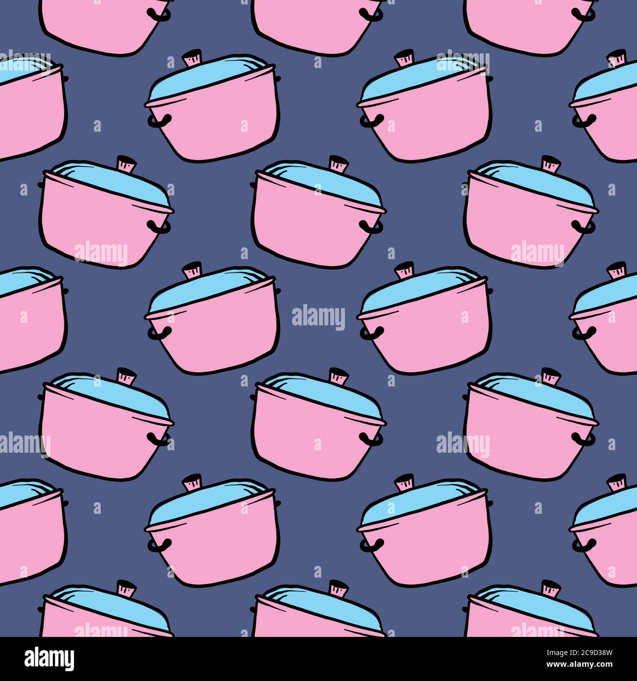 Light pink saucepan ,seamless pattern on dark blue background. Stock Vector