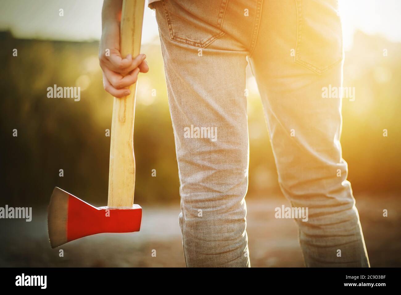 A woodcutter in jeans stands and holds in his hand his tool-an axe with a long handle and a red blade, illuminated by sunlight on a warm summer day. Stock Photo