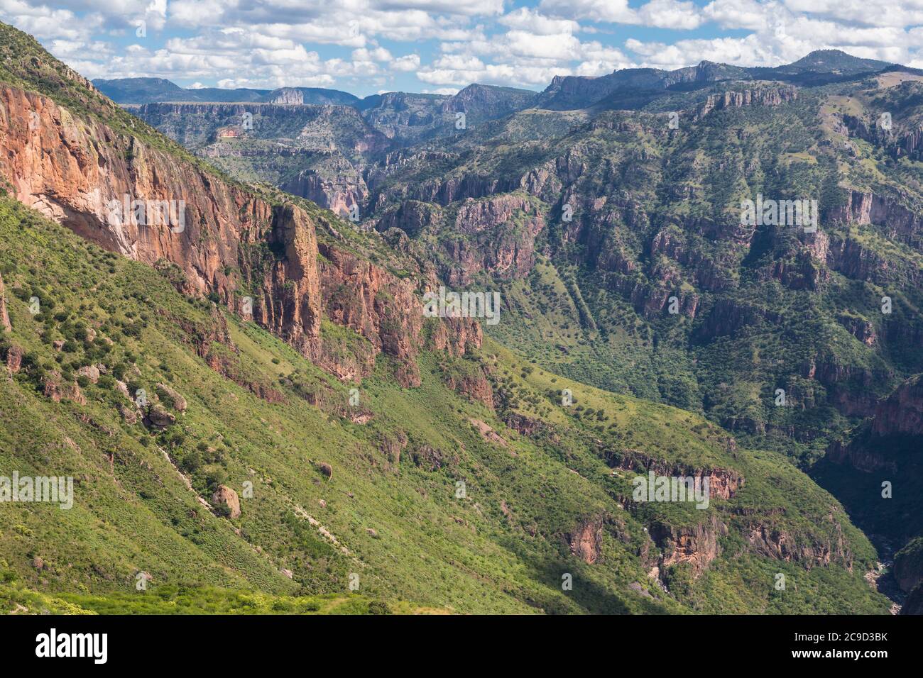 Batopilas Canyon Scenic View, Chihuahua State, Mexico.  Part of the Copper Canyon Complex.  Batopilas River at lower right corner. Stock Photo