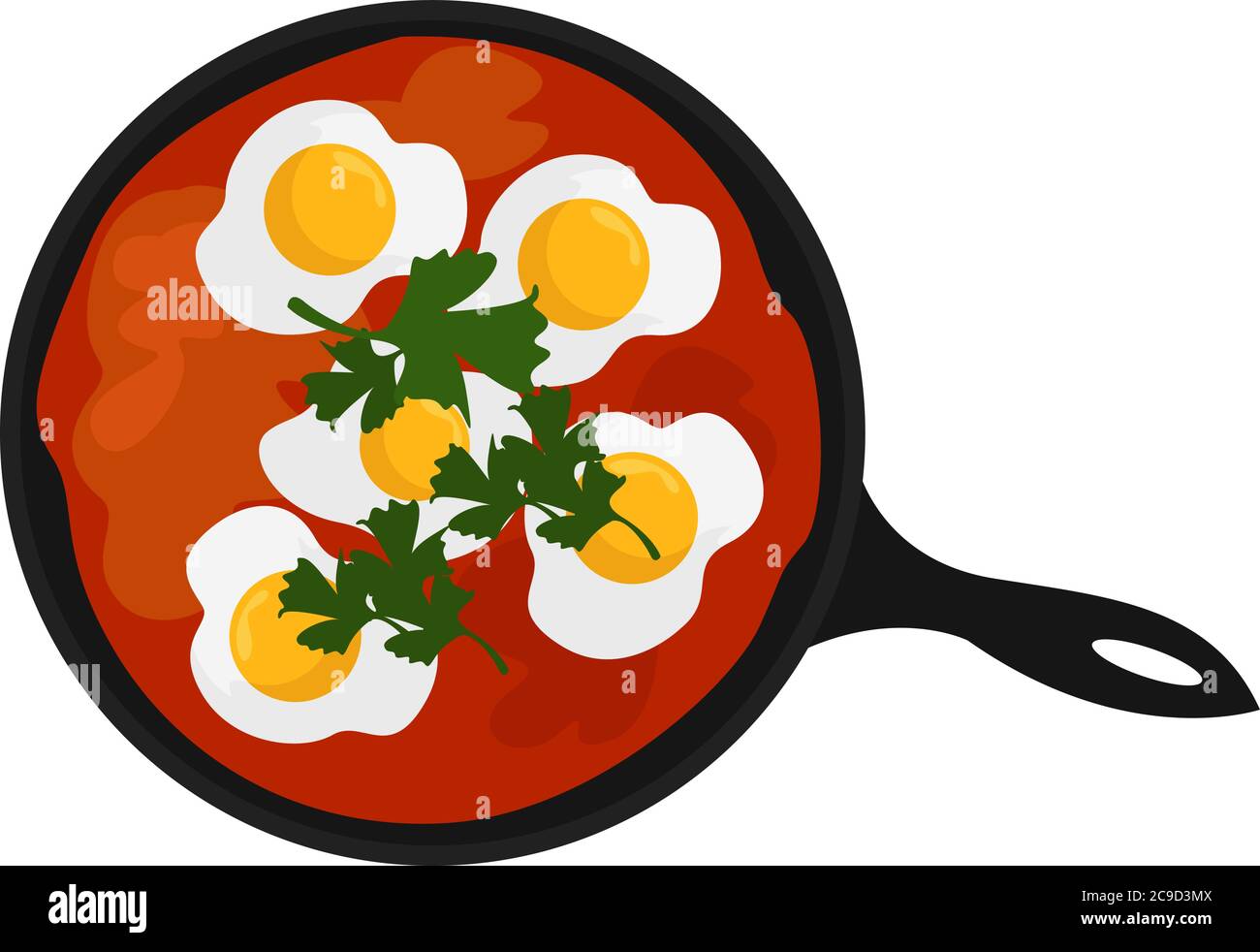 Fried eggs with tomatoes, illustration, vector on white background Stock Vector