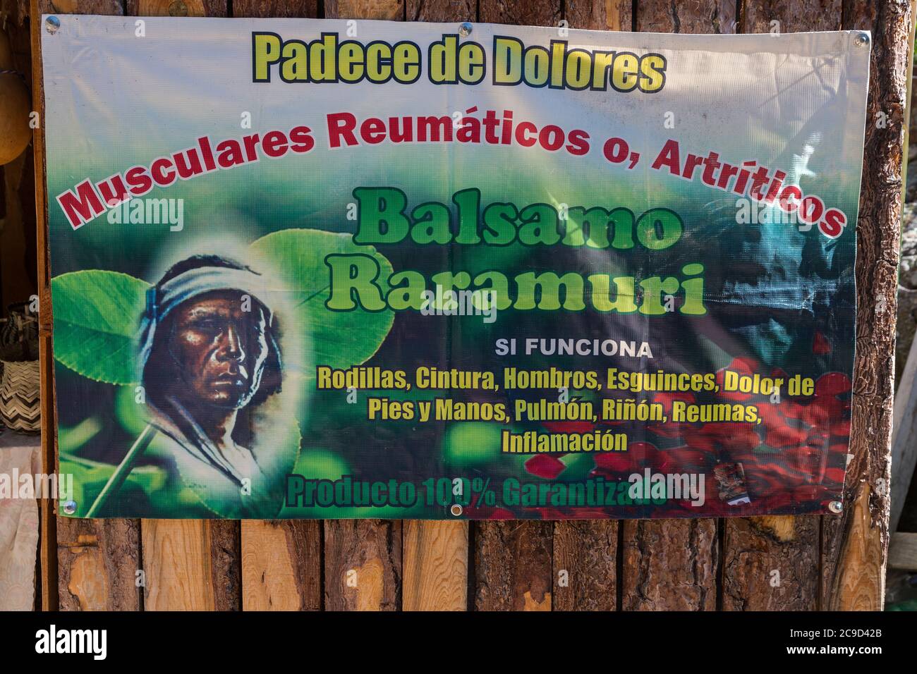 Poster Advertising Traditional Herbal Medicine of Tarahumara Indians.  Near Creel, Chihuahua, Mexico. Stock Photo