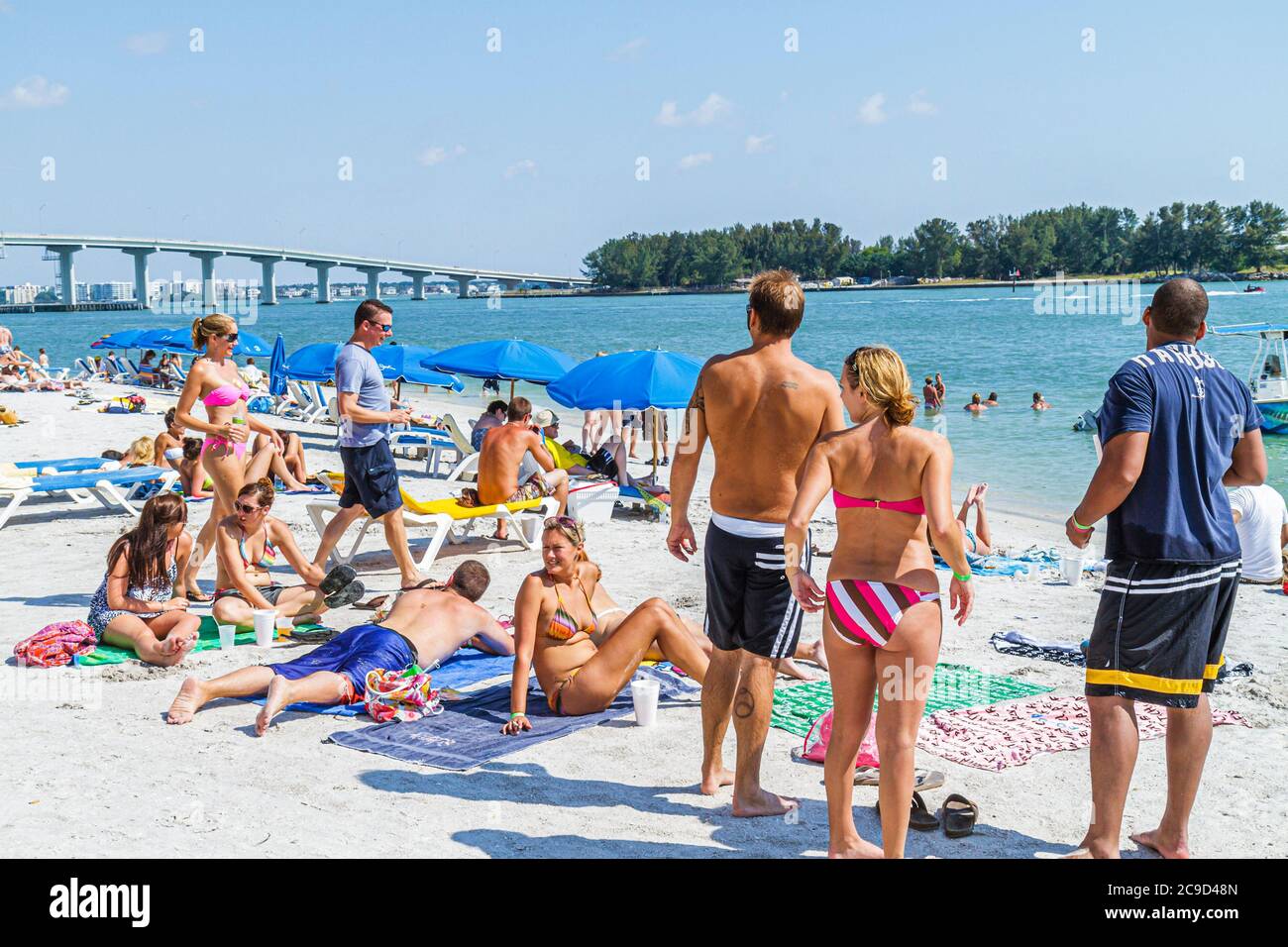 Clearwater Beach Florida,Clearwater Harbor,harbour,Gulf of Mexico Coast,sunbathers,visitors travel traveling tour tourist tourism landmark landmarks c Stock Photo