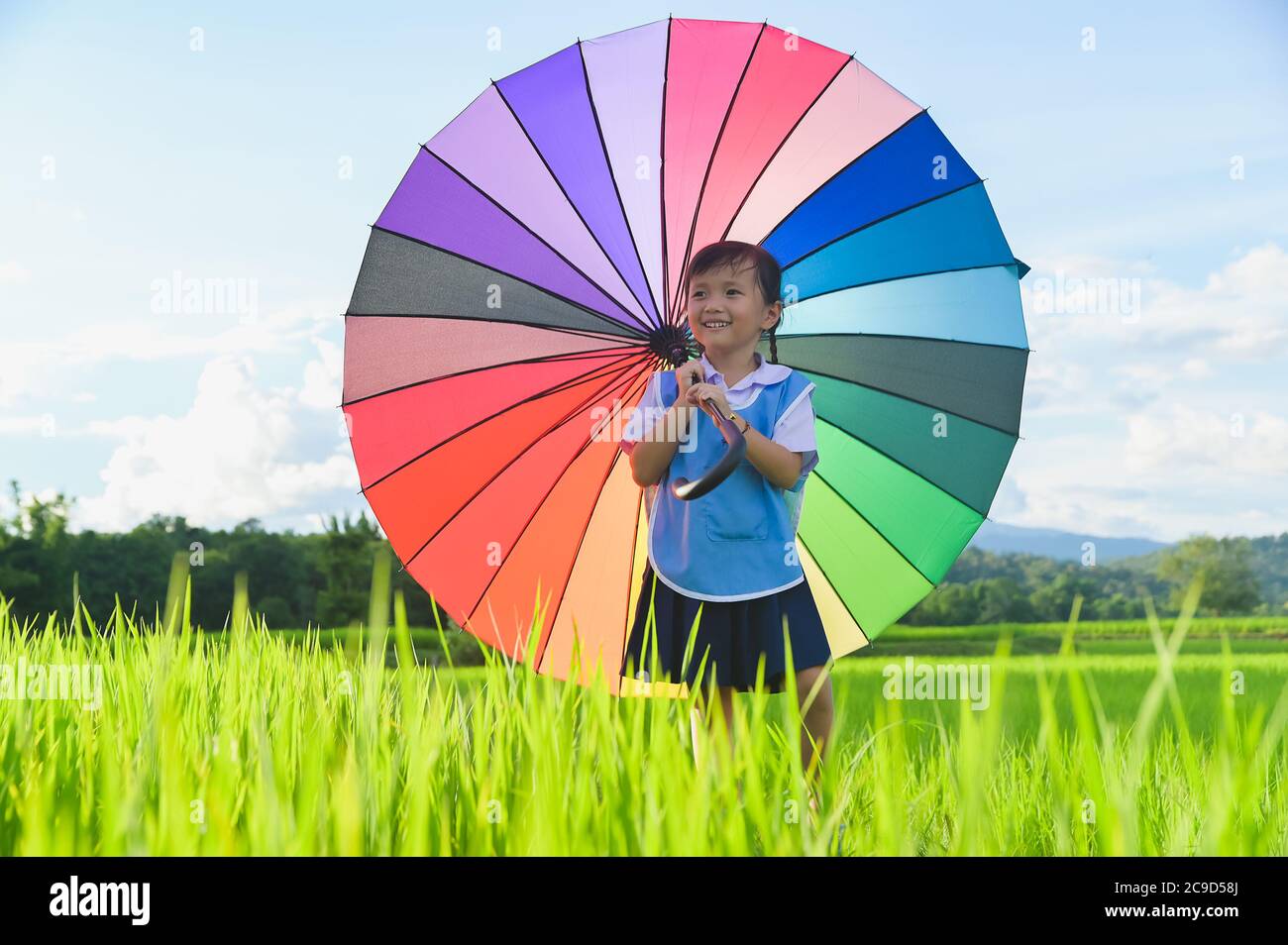 Little girl under colorful umbrella in rice field scene Stock Photo