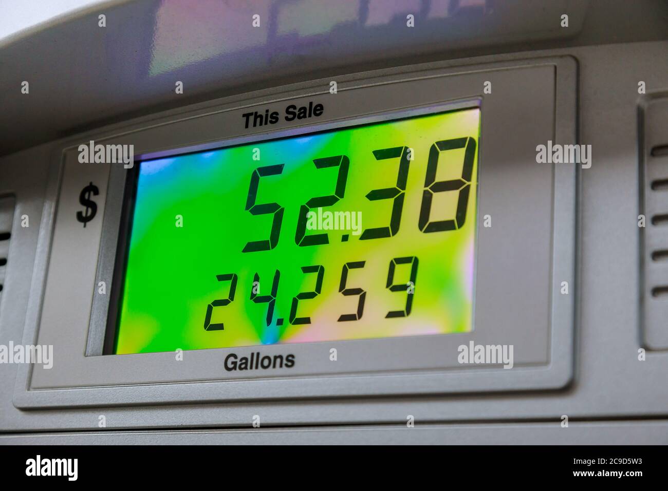 Gasoline price counter on display showing gas price a gas pump meter running at a gas station