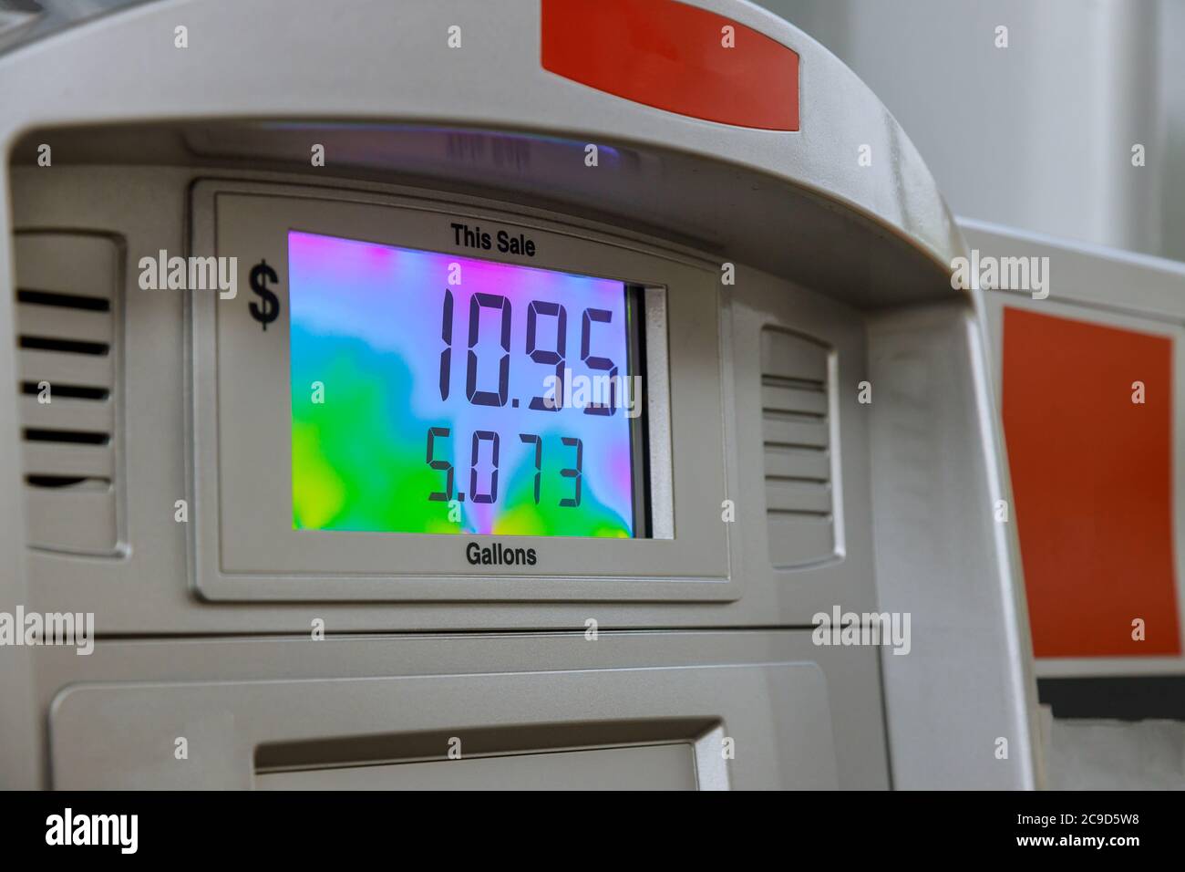Gas with price closeup modern fuel station showing counter with fuel price. Stock Photo