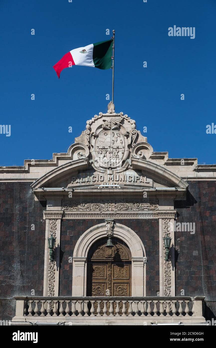 Ciudad Juarez, Chihuahua, Mexico.  Town Hall, Palacio Municipal, and Mexican Flag. Stock Photo